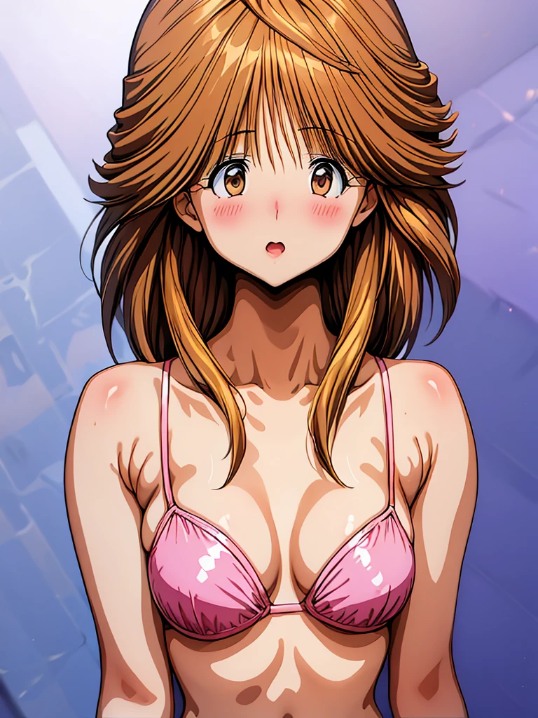 Two girls, holding face with hands, surprised face, blushing, very short hair, looking at camera, mouth open, bare face, deep kiss,pink rips,red rips,bikini swimsuit
