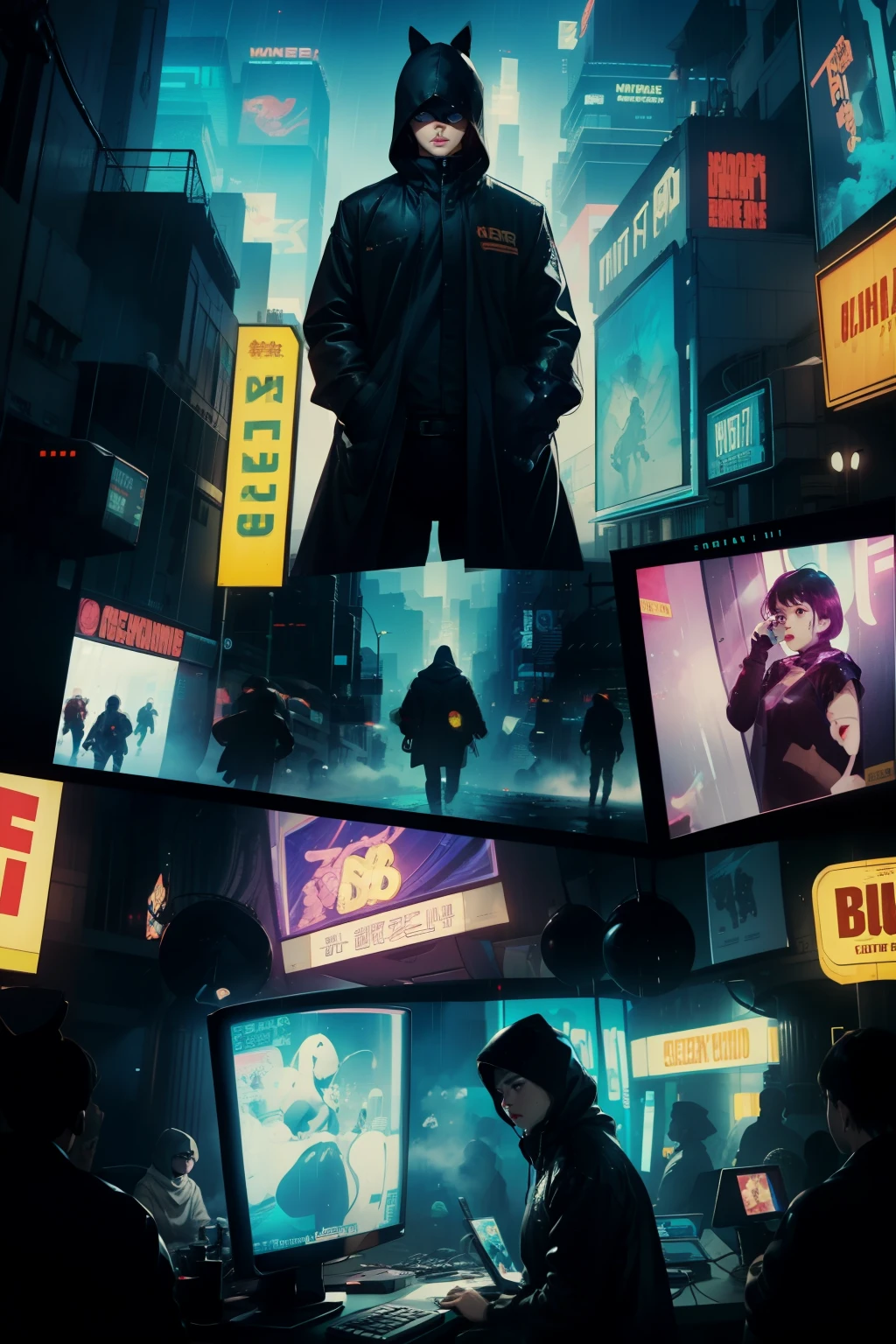 ((highest quality)), ((masterpiece)), (be familiar with), (High definition), (Accurate), (Realistic), (Cinematic), (Best Shadow), (Low contrast), (8K), Perfect Face, ((SYD MEAD style)), manga、mangaデザイン、Storyboard、Panel layout、(Woman looking at a large monitor), (Replicant), (Replicant), ((Black Hair, very short hair, Blue Eyes)), (Black hooded raincoat), (The monitor shows an image of myself)、Glittering neon signs、congestion, congestion, Decadent Future City, NEO TOKYO, A.D.2051, (steam:1.2), It's raining white, evening,