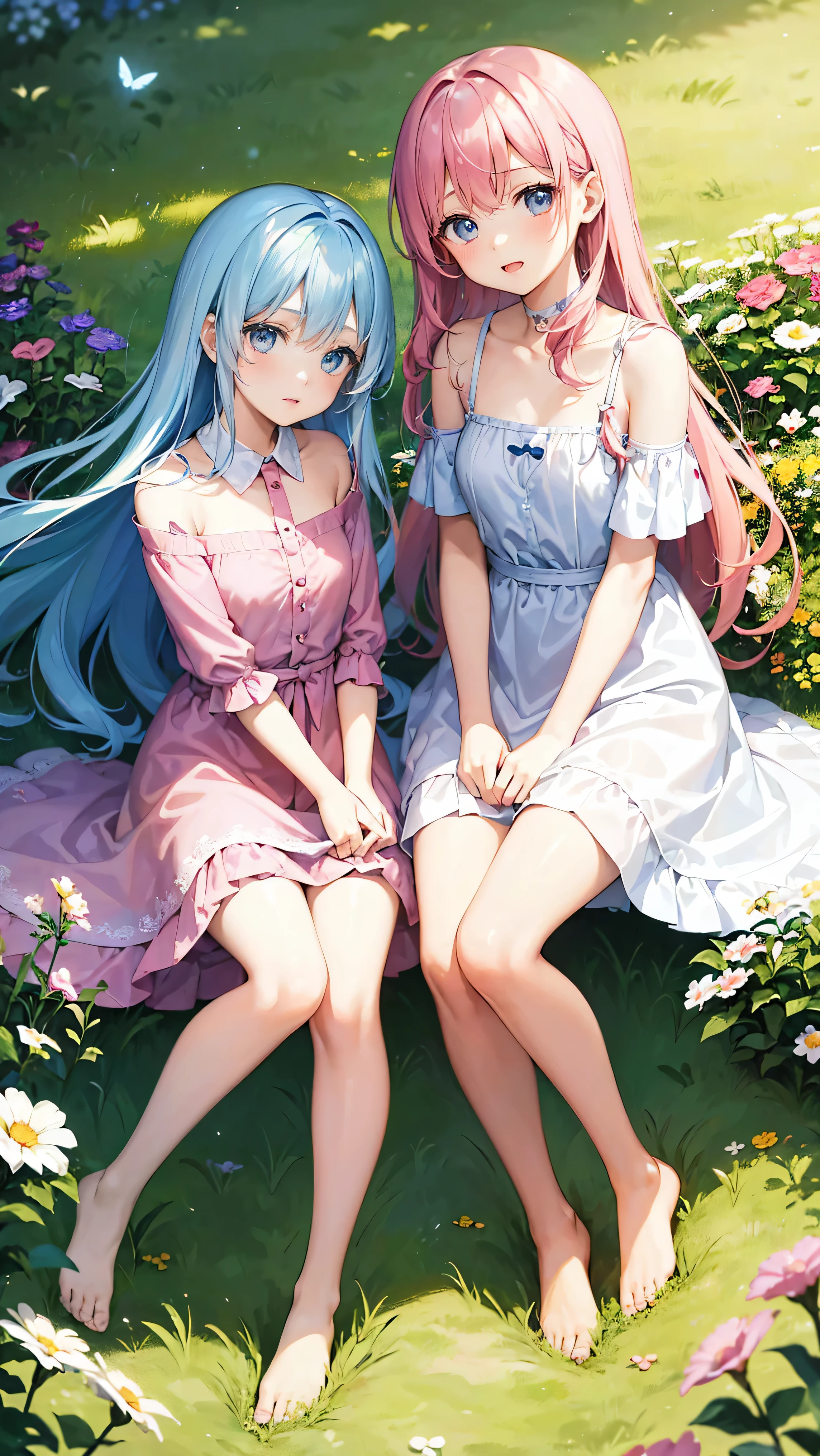 Two pure and innocent girls、10 years old、2 people(One with pink hair、1 Name Light Blue Hair)、Cute face、Beautiful Eyes、Natural beauty、Warm sunshine、Wildflowers swaying in the breeze々Surrounded by、Enjoying time in the fields。Butterflies and birds fly around her、Creates a playful atmosphere。