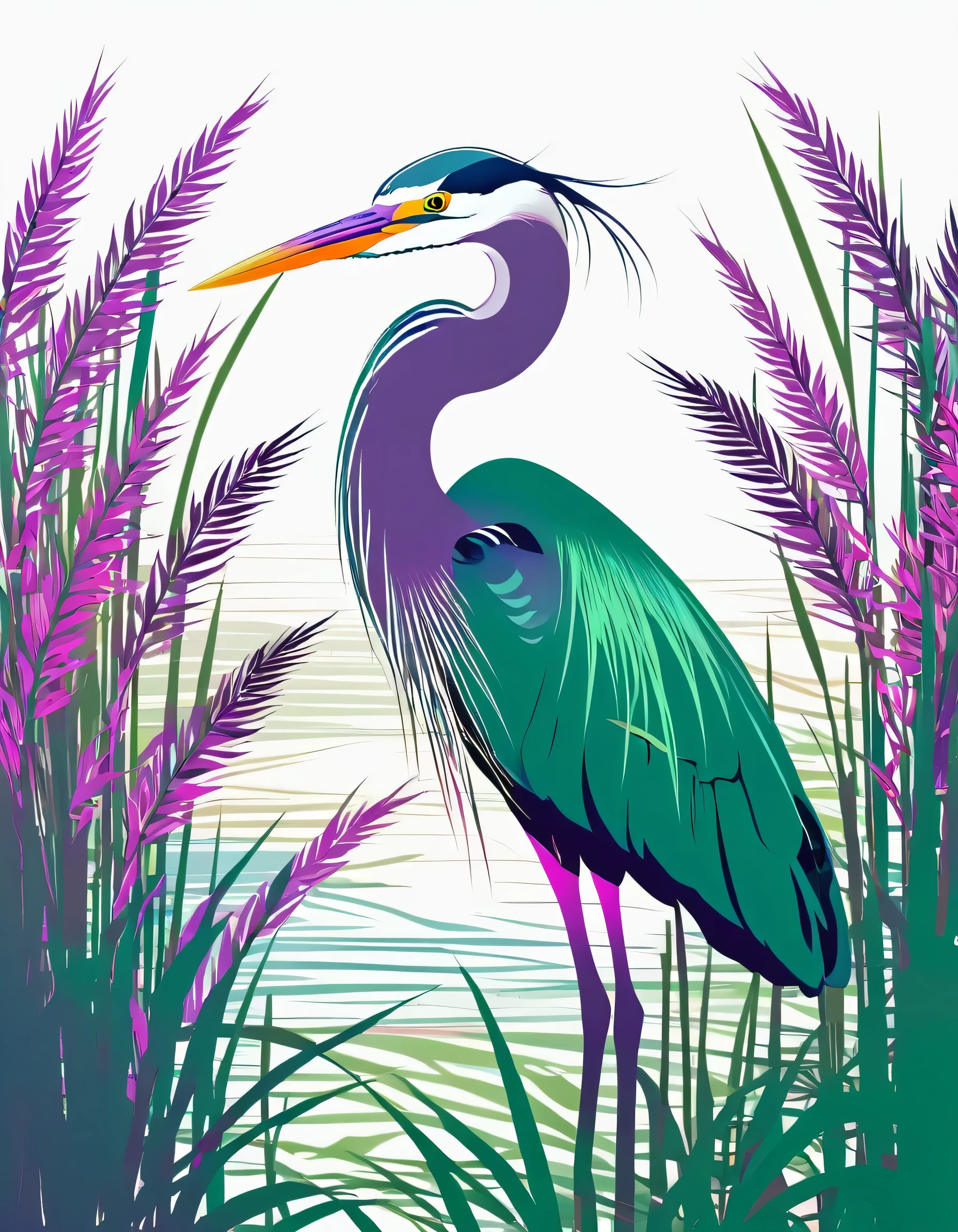 Heron in Reed Paradise.
violet green pink digital vector graphics.
teal on white background