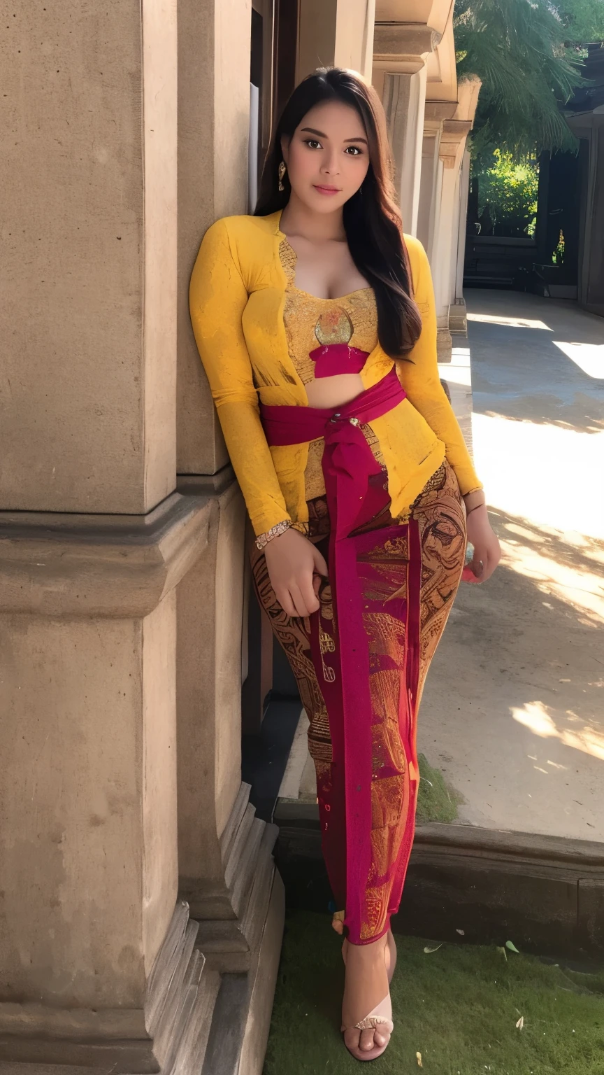 masterpiece, ultra realistic,32k,intricate details, sharp focus, realistic, bigboobs, very longhairs, closed, seductive pose, black eyes, jewelr, lips, realistic, looking_at_viewer, irene1, wet skin, shiny skin, long sleeves, indonesian clothes, bali, balinese, cityscape, dynamic pose, red kebaya,full body,busty body,curvy body,long hair,beauty face,cowboy shot