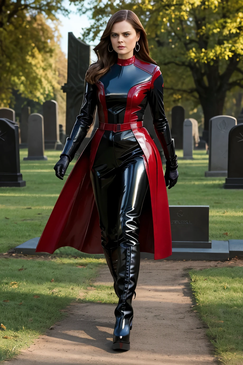 Emily Deschanel, im  PVC-Leder-Lack-Outfits in der Farbe rot, wears long earrings and very long platform boots, Ellenbogenlange Handschuhe, Whole body visible, sie ist auf einem friedhof
