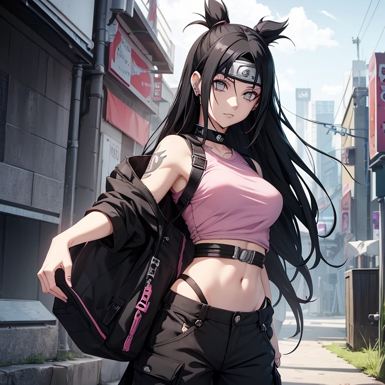 A Naruto style anime girl, with long black hair and pale skin, face piercings, a septum nose ring, grey eyes and arm tattoos. She’s wearing a light pink top and black cargo pants. She’s throwing knives