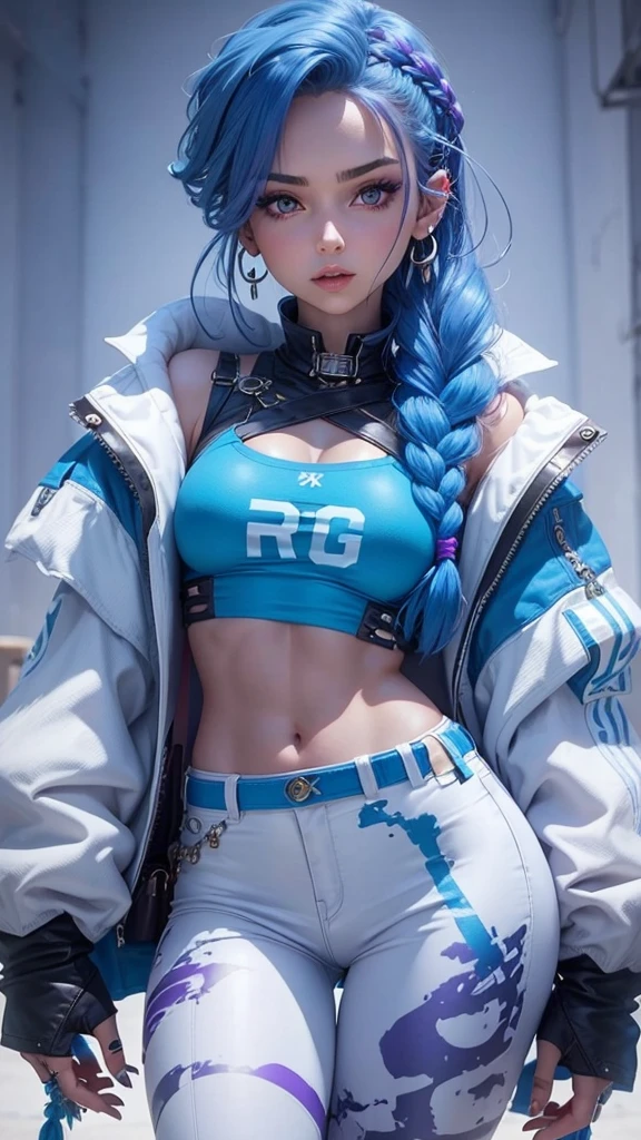 Beautiful girl, slim fit body , crop top, mini skirt , blue braided hair , big breasts, small waist, ear rings , red rogue, big purple eyes