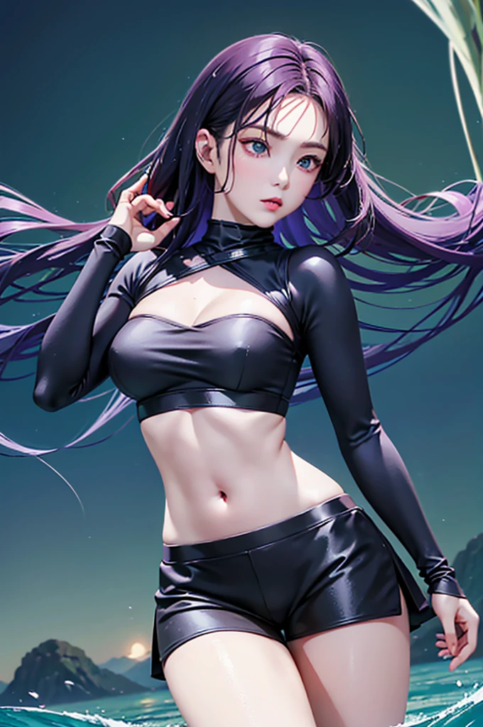 (Finest quality)),(A high resolution),(ultra-detailled art),(Meticulous portrayal),((Best Anime)),(Finest works of art),sharpness,Clear,Ultra-Precision Art,The art of astounding depiction, (Female Ninja in the Dark:1.3),
short Hair,
purple hair, vibrant purple hair, extremely detailed hair, bangs, short hair only,
pretty eyes,
beautiful eyes, detailed eyes, perfect eyes, green eyes,
pretty face,
beautiful lips, soft lips,pretty face, close up face, korean girl, korean beauty, irene, red velvet irene,serious face,
pretty nose,
beautiful nose,
clear skin,
clear skin, white skin, soft skin,
slim body,
small breasts, normal thighs, show navel, perfect body, perfect legs, perfect arms, perfect hands, sexy thighs, show her , seductive pose, human hands, seductive body, sexy body lines, prefect waist, perfect hips,
ninja clothes,
ninja outfit, black outfit, black skirt, thigh-level skirt, pretty skirt, detailed skirt, safety shorts, cycling shorts, ninja shorts, long shorts, ninja armor, female ninja suit,reveal shoulders, show slight cleavage, black top, black thigh-high socks, arm sleeves, stylish and sexy ninja uniform
fighting pose,
looking at camera, attack pose, fighting pose,
water element,
water splash behind, in water, big water waves, green floating lights, standing in water, in lake, lake background,
perfect lightings,
extravagant lights, green and yellow lights,
super low-angle shot,
looking down,