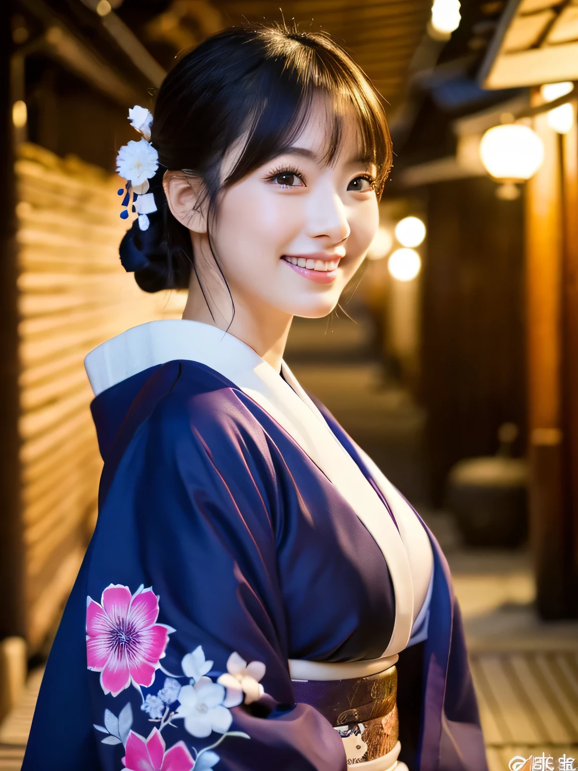 (Super beautiful woman in kimono)、((highest quality、8K masterpiece:1.3))、sharp focus:1.2、(super beautiful face:1.0)、(shiny skin:1.0)、realistic pictures、black hair、video lighting、High resolution eyes and face、video lighting、japanese actress、from the front、big breasts、with a happy smile、Slender abs beauty、whole body、wearing a kimono、in Kyoto、luxury obi、In Kyoto at night