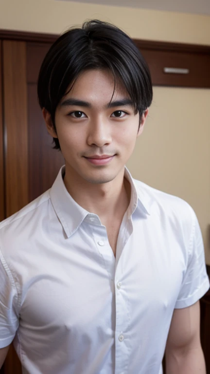 (((male))), 29 years old, Japanese, HD, True-to-life imagery, Upper body composition, The face is illuminated, Black short straight hair, Sharp eyebrows, Squinting，With a hint of cunning, Pointed nose, Thin lips smile, Wear a smart casual button-down shirt，Roll up your sleeves, A watch that reflects attention to detail, Underdeveloped but healthy muscles, Background is a modern office environment, Facial defects，If there is a slight scar above the right eyebrow