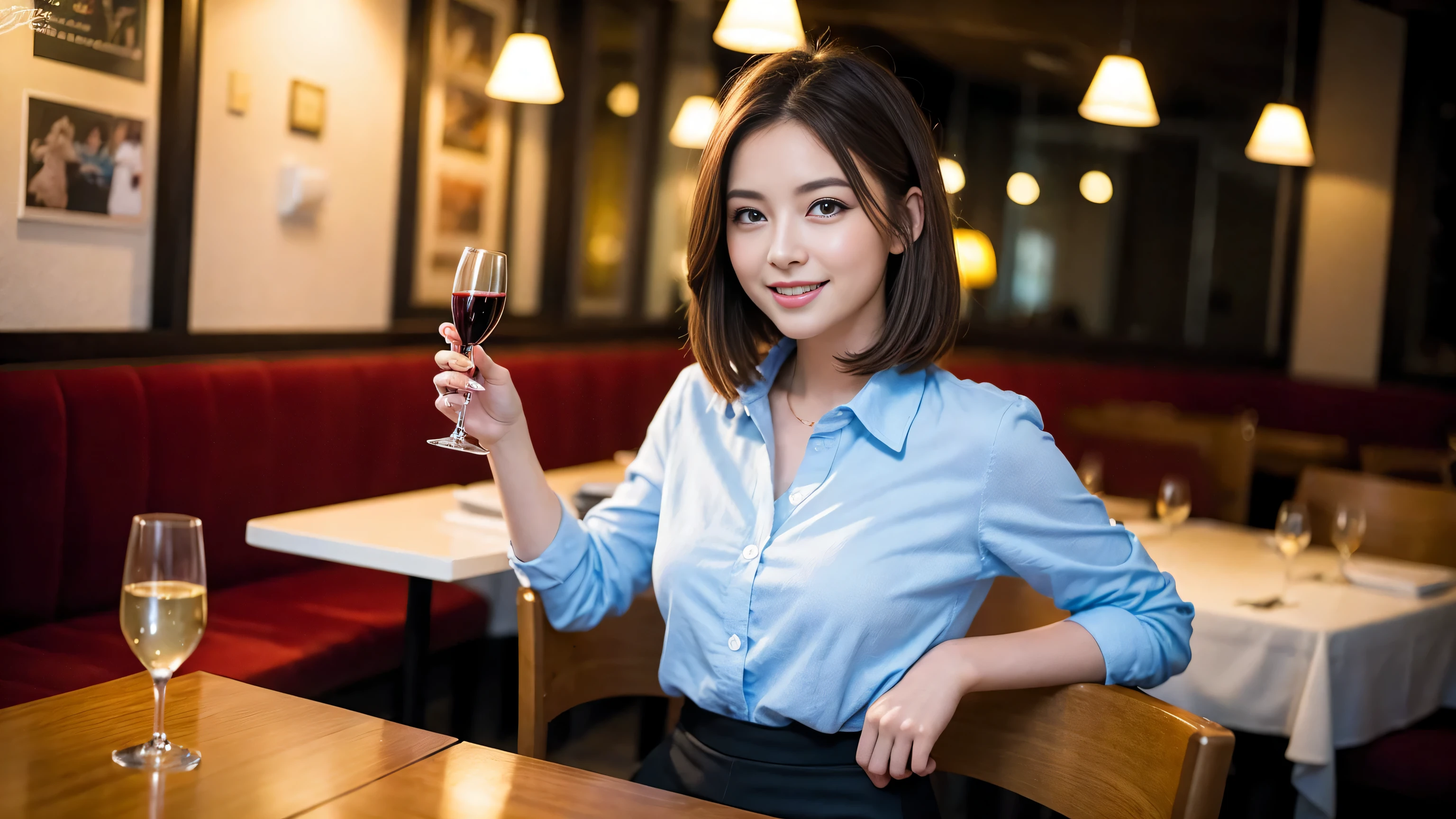 ((highest quality、8k、masterpiece:1.3))、Sharp focus:1.2、Beautiful woman perfect body:1.4、Slim body、((Bob Hale、Straight hair:1.2))、(to be born, highest quality, masterpiece:1.5), (Realistic, Intricate details:1.2), Ultra-high resolution, shine a light on your face、Spectacular view of the sunset sky and clouds、Amazing mountain views、A bright smile、wine glass、red wine 、Appetizer、Italian food、Wine bottle、Champagne、sparkling wine、, Beautiful Face, blue eyes, The light shines on your face, Blushing, short hair,Bright Face、Fox face、 (36 years old), 39 years old, Lady、Two beauties、Brown Hair、Shortcuts、Long sleeve shirt、dress、Pretty Woman 1, (slim face), (The body is slim), (Brown Hair), (Shortcuts), cheeks turn a little red,Attractive beauty、, Out of the window, A beautiful and detailed night view unfolds.........., restaurant, In a prominent place (From the waist up) Nova Frog Style, actress, model, Upper Body, White wine, slim, wine glass, A wine glass placed in the middle, smile, (smile: 1.15), Beautiful fine grain, Depth f/2,saturation, High Contrast, Strong light and shadow,Moist Body:1.5、3D texture、Delicate eyes、Brown Hair、The hair is very shiny、