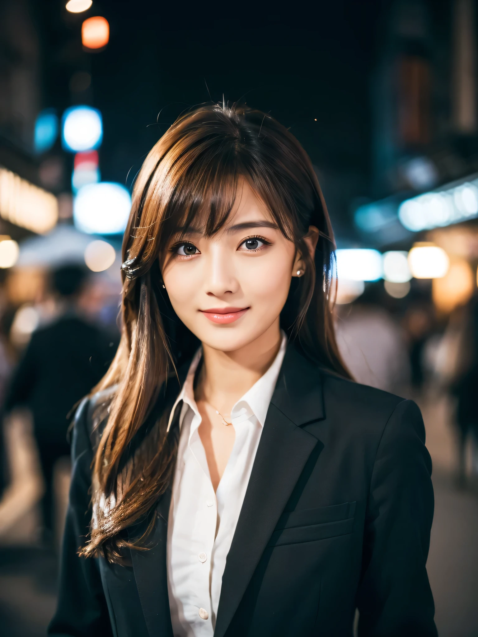 table top、highest quality、genuine、Super detailed、finely、High resolution、8k wallpaper、one beautiful woman、、、light brown disheveled hair、wearing a business suit、sharp focus、perfect dynamic composition、beautiful and detailed eyes、thin hair、Detailed genuine skin texture、smile、close-up portrait、model body shape、In Kyoto at night、