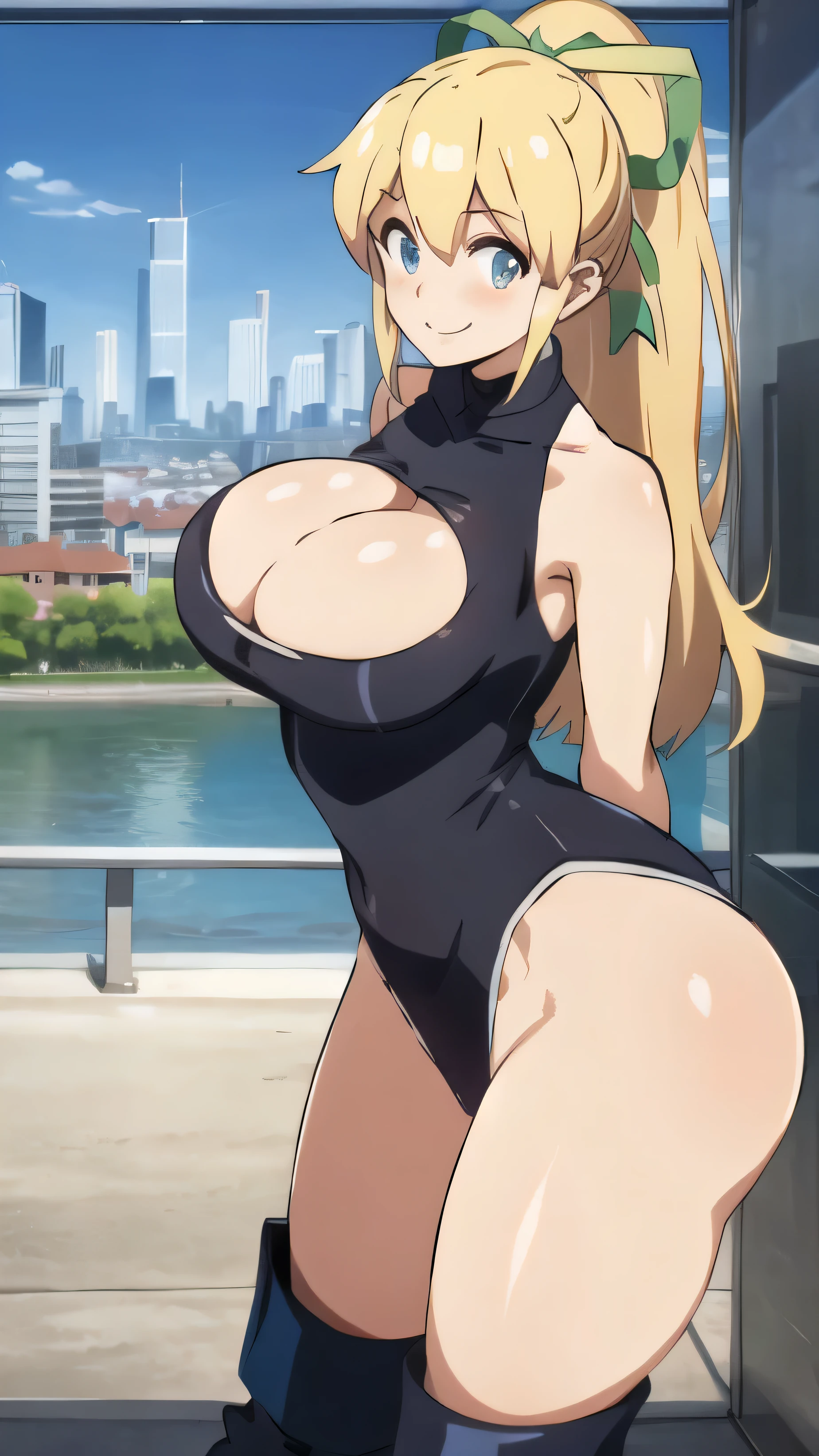 super gigantic breasts,cleavage cutout,city background,cute smile,2 girls twins,symmetrical_docking