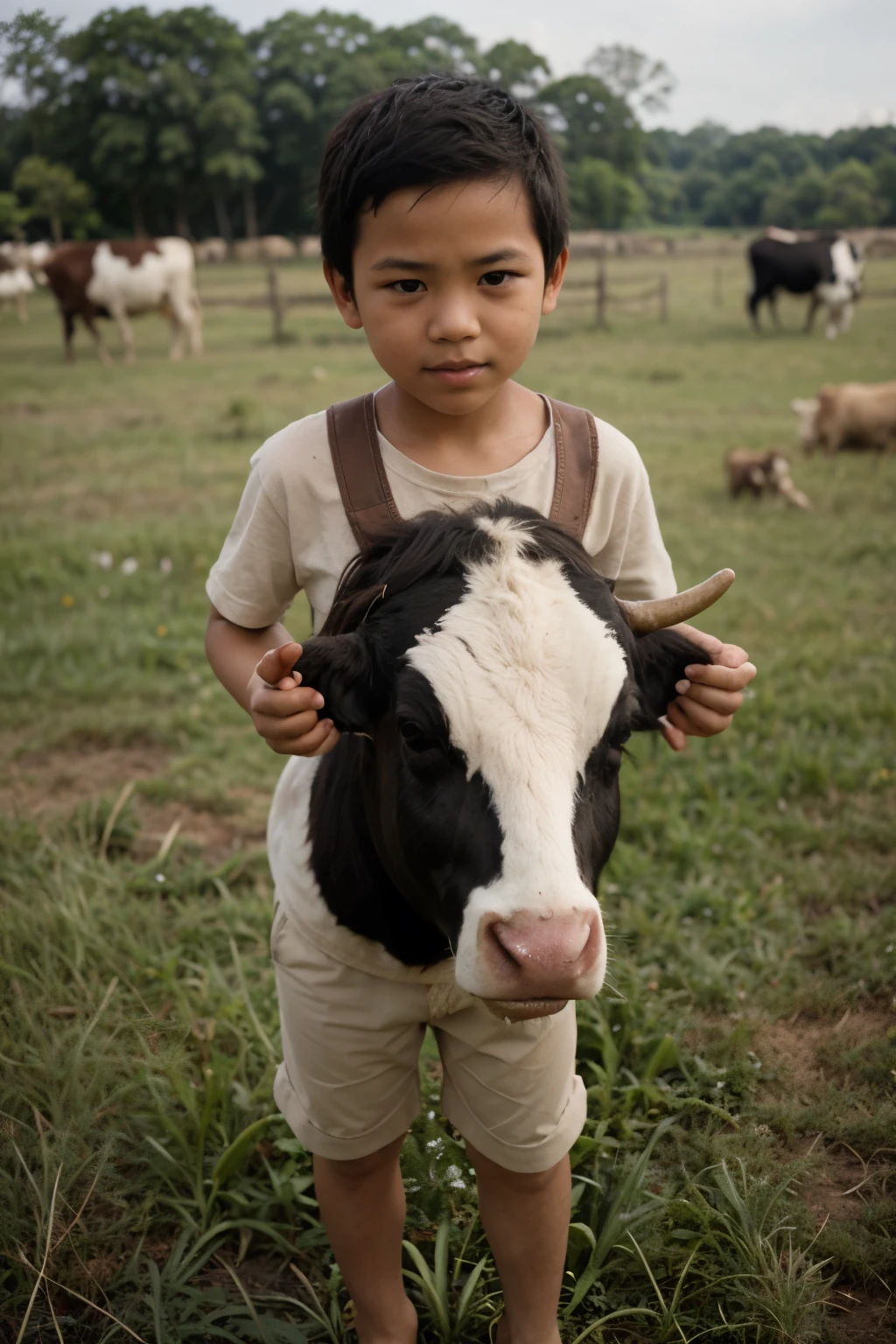 photo of a indonesian boy with a cow against a grassland background