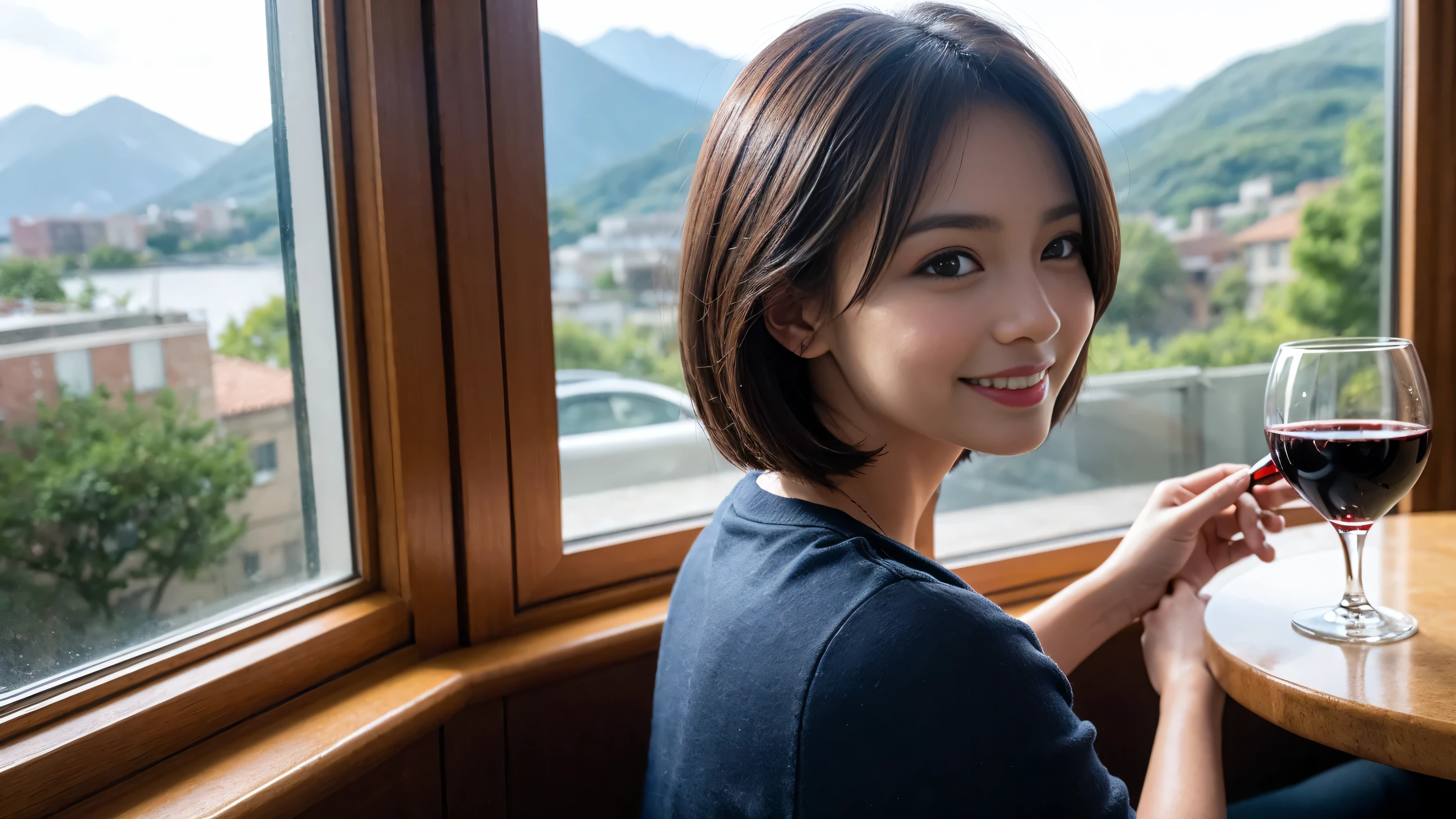 ((highest quality、8k、masterpiece:1.3))、Sharp focus:1.2、Beautiful woman perfect body:1.4、Slim body、((Bob Hale、Straight hair:1.2))、(to be born, highest quality, masterpiece:1.5), (Realistic, Intricate details:1.2), Ultra-high resolution, shine a light on your face、Spectacular view of the sunset sky and clouds、Amazing mountain views、A bright smile、wine glass、red wine 、Appetizer、Italian food、Wine bottle、Champagne、sparkling wine、, Beautiful Face, blue eyes, The light shines on your face, Blushing, short hair,Bright Face、Fox face、 (42 years old), 40 years old, Lady、Two beauties、Brown Hair、Shortcuts、Long sleeve shirt、dress、Pretty Woman 1, (slim face), (The body is slim), (Brown Hair), (Shortcuts), cheeks turn a little red,Attractive beauty、, Out of the window, A beautiful and detailed night view unfolds.........., restaurant, In a prominent place (From the waist up) Nova Frog Style, actress, model, Upper Body, White wine, slim, wine glass, A wine glass placed in the middle, smile, (smile: 1.15), Beautiful fine grain, Depth f/2,saturation, High Contrast, Strong light and shadow,Moist Body:1.5、3D texture、Delicate eyes、Brown Hair、The hair is very shiny、