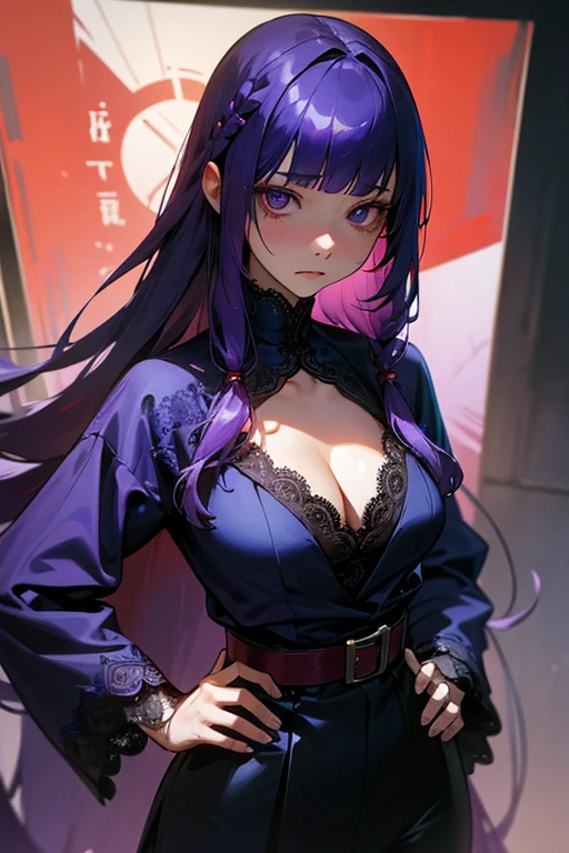 1 girl, Blunt bangs, Braiding, Wide sleeves, hair ornaments, Navy Blue Lace、Red Belt, (Purple Hair:1.2), Very long hair, Straight hair, Looking at the audience, Highly detailed background, (Realistic:1.2), Beautiful Eyes, Red eyeshadow, Written boundary depth,thigh, (Ulzzang-6500:0.7), Upper Body, (alone:1.2), (Cyberpunk City:1.1), Cleavage, Hands on hips、Shiny skin、Hair blowing in the wind、flower、Sad expression、Sharp eyes、Eye Cleansing Night、