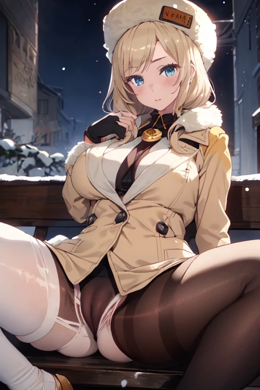 (masterpiece, highest quality:1.2), alone, 1 girl, strmillia,fur hat,coat,fingerless gloves,pantyhose,snow country,night,curvy,large breasts,cowboy shot,sitting,(spread legs:1.3),(white panty),(cameltoe:1.3),