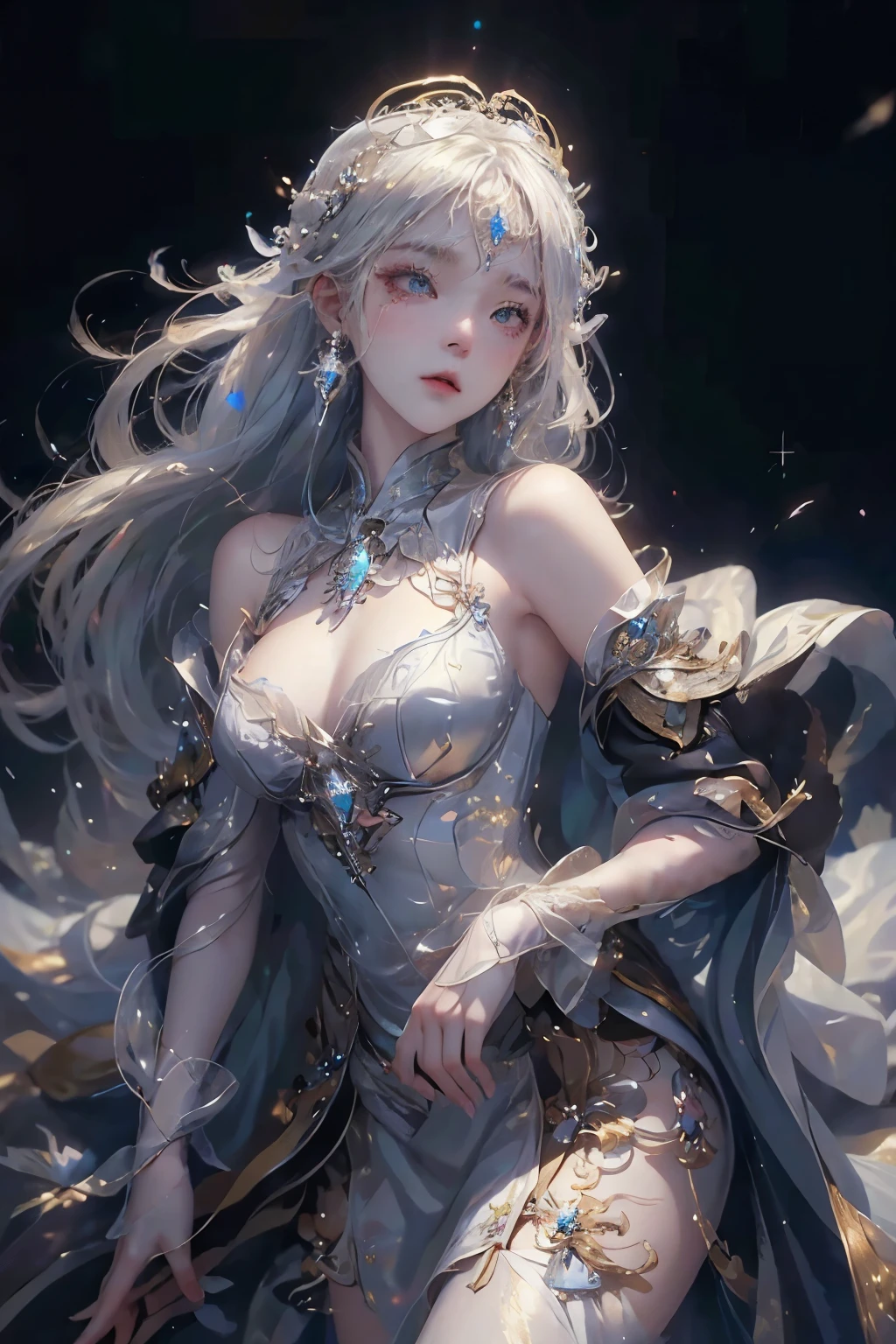 Night scene,stella,(White Hair Girl:1.5),((masterpiece))、(detailed:1.4)(Close-up)、angle from above、(Backlight)(A fantastic atmosphere、Ancient Capital、Fantastic beauty images,One Woman、White Dust、Light Danceysterious atmosphere、Suspended particles), (Black Dress、long dress with sleeves、Dancing Girl、Put your hand to your mouth)、(Gray hair that changes with light、Long, lustrous white hair、white hair fluttering in the wind、Beautiful bangs:1.3)、(Beautiful white and shining skin、Cheek gloss highlight、Sexy and very beautiful and adorable face、The most beautiful face in the world、Big, sparkling blue eyes)、(A cute 25 year old girl、Ample breasts、Great cleavage small waist、delicate shoulders、Perfect figure) Look here、Laugh mischievously
