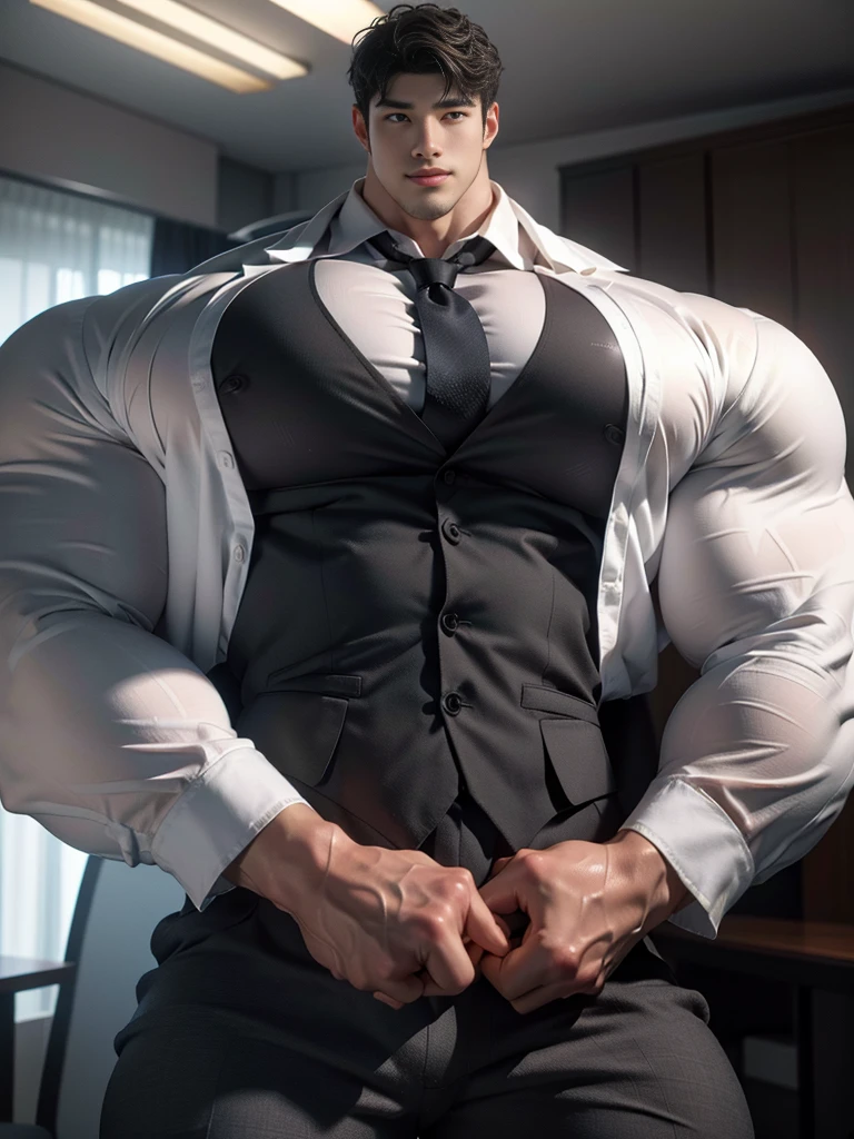 (best quality:1.5, hyperrealistic:1.5, photorealistic:1.4, madly detailed CG unity 8k wallpaper:1.5, masterpiece:1.3, enthusiastically detailed photo:1.2), (hyper-realistic lifelike texture:1.4), highly detailed, ((masterpiece, best quality)) ,extremely detailed 8K wallpaper, 1 korean male, (korean man with k-pop idol look), 20yo, detailed face, swollen muscle, stubble, handsome and sexy, masculine, tailored suit & pants, prominent bulge, photo real, illuminating light, big, brutalmass, giant, heavyweight bodybuilder, bulk, massive body, large size, fierce, at office