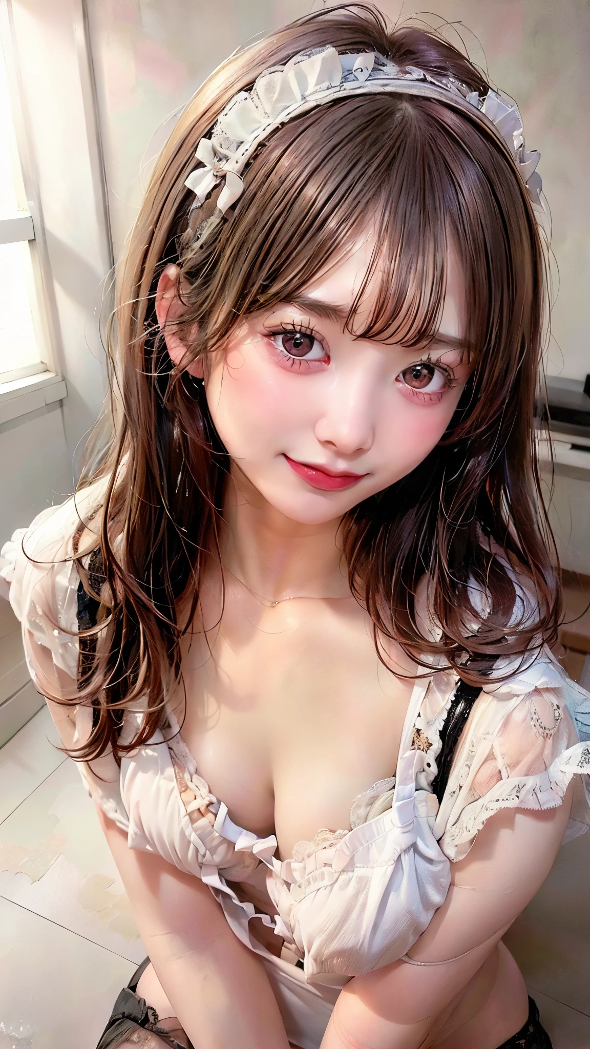 exposed breasts, highest quality, realistic, 8K, High resolution, 1 girl, woman, (skin dents), (portrait:0.6), nice, ((Woman&#39;s Room,lace bra, small breasts:1.65)), (long brown hair, parted bangs:1.4), looking at the viewer, (1 girl eyes looking at the viewer:1.6), realistic, (Bokeh), (closed mouth, smile:1.3), nice, Pueros face_v1:1,