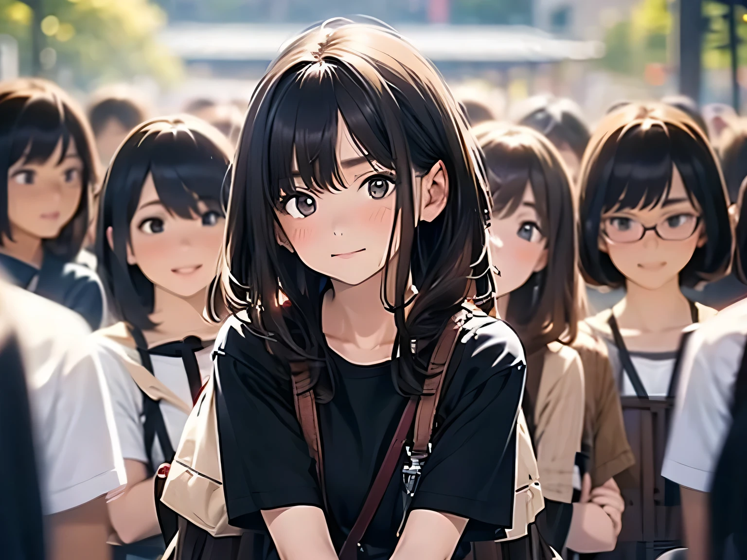 Brown hair，looking at the audience，Black suspenders，Large bulging，Black mini skirt，Garter，gaze，Small face，Bangs ，Beautiful woman，Wait in line，Confuse，There are students queuing up in front and behind