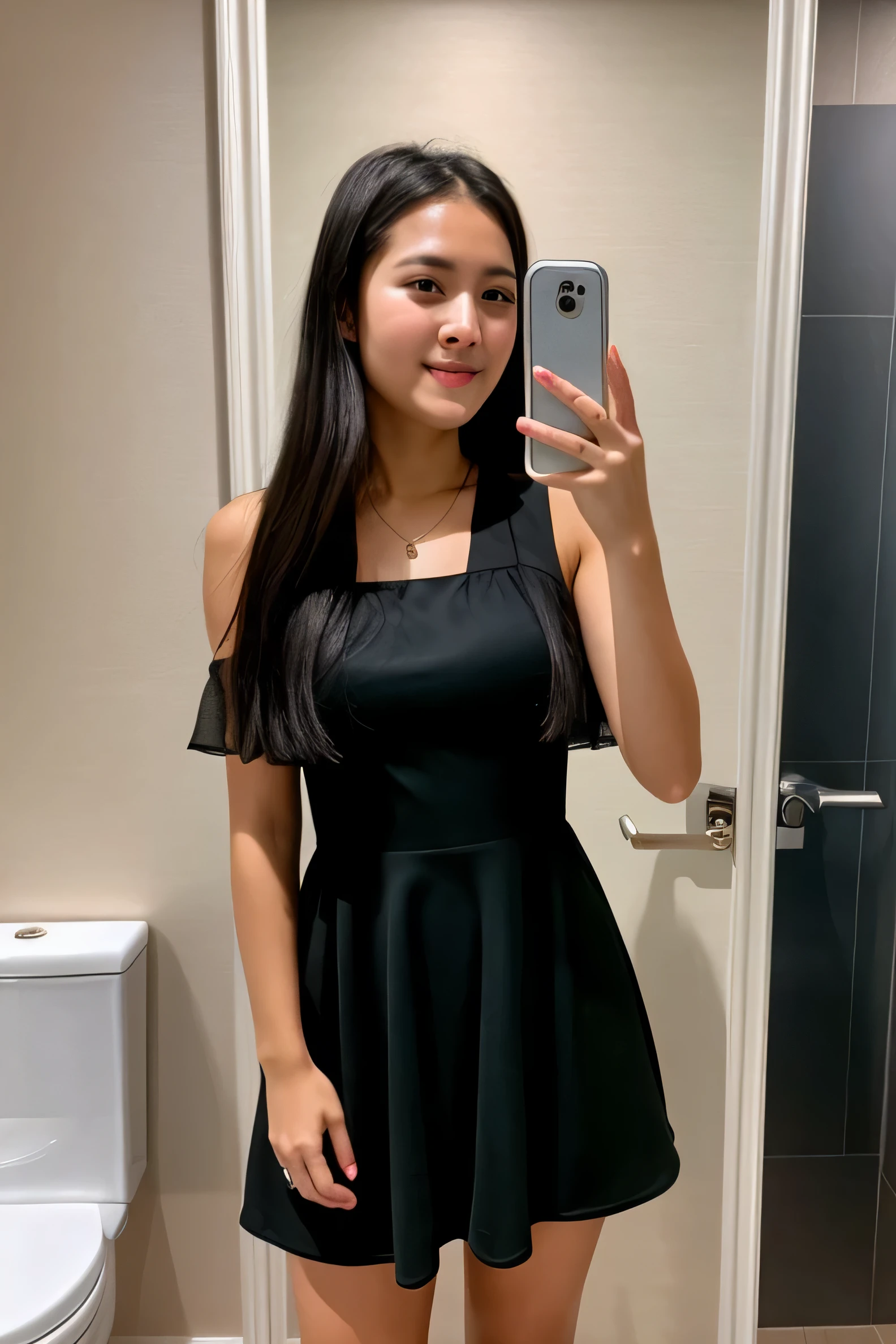RAW Photos, Beautiful 26-year-old face photo.Ladies,, Cute face, Wearing a black dress, Filmed in the company toilet、Reflect yourself in the mirror、Selfie、Real
