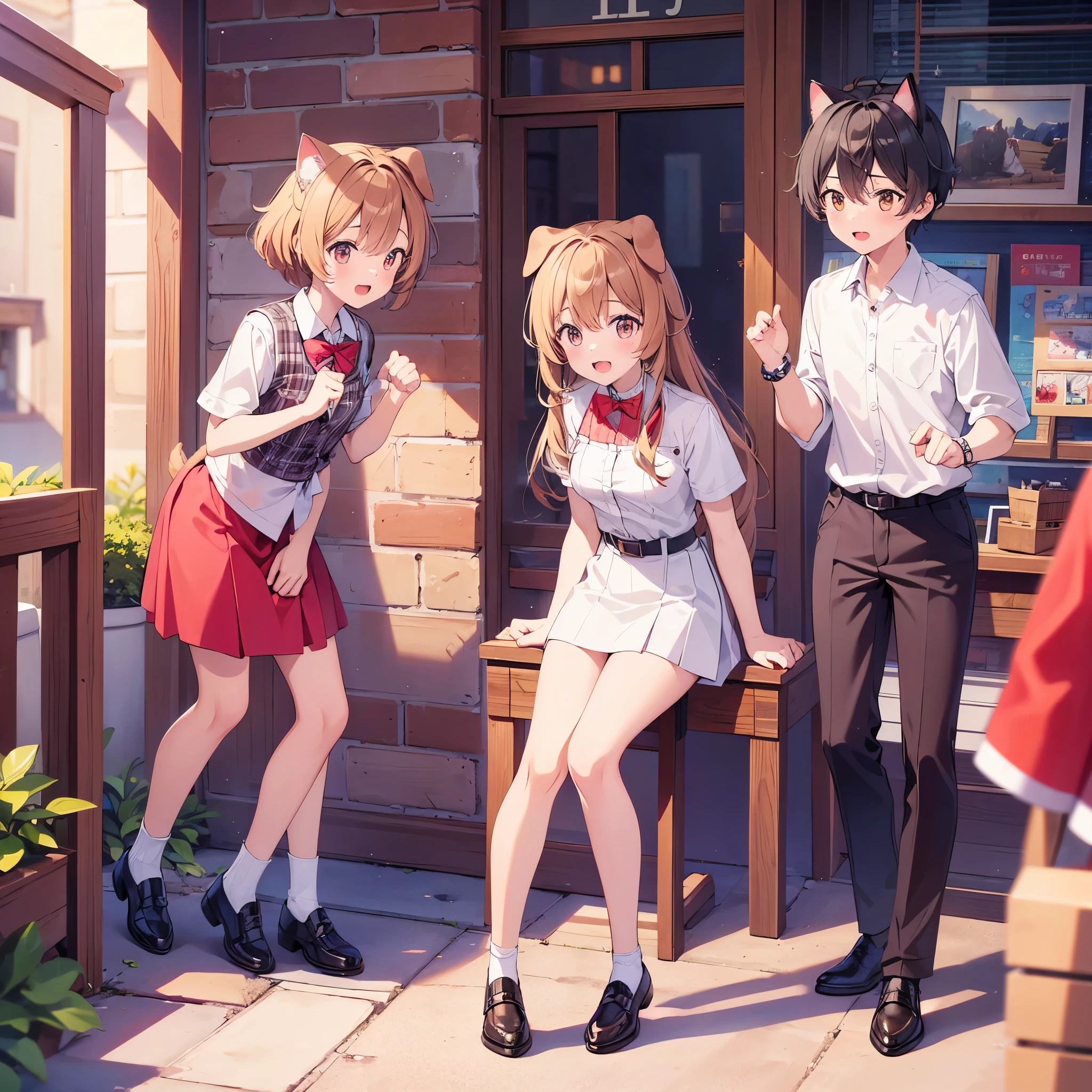 (highest quality), (masterpiece), 1080p, hd, 4k, 8K, ((Group of 2)), ((dog boy)), ((cat girl)), 