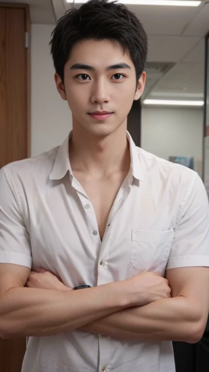 (((male))), 29 years old, Japanese, HD, True-to-life imagery, Upper body composition, The face is illuminated, Black short straight hair, Sharp eyebrows, Squinting,With a hint of cunning, Pointed nose, Thin lips smile, Wear a smart casual button-down shirt,Roll up your sleeves, A watch that reflects attention to detail, Underdeveloped but healthy muscles, Background is a modern office environment,