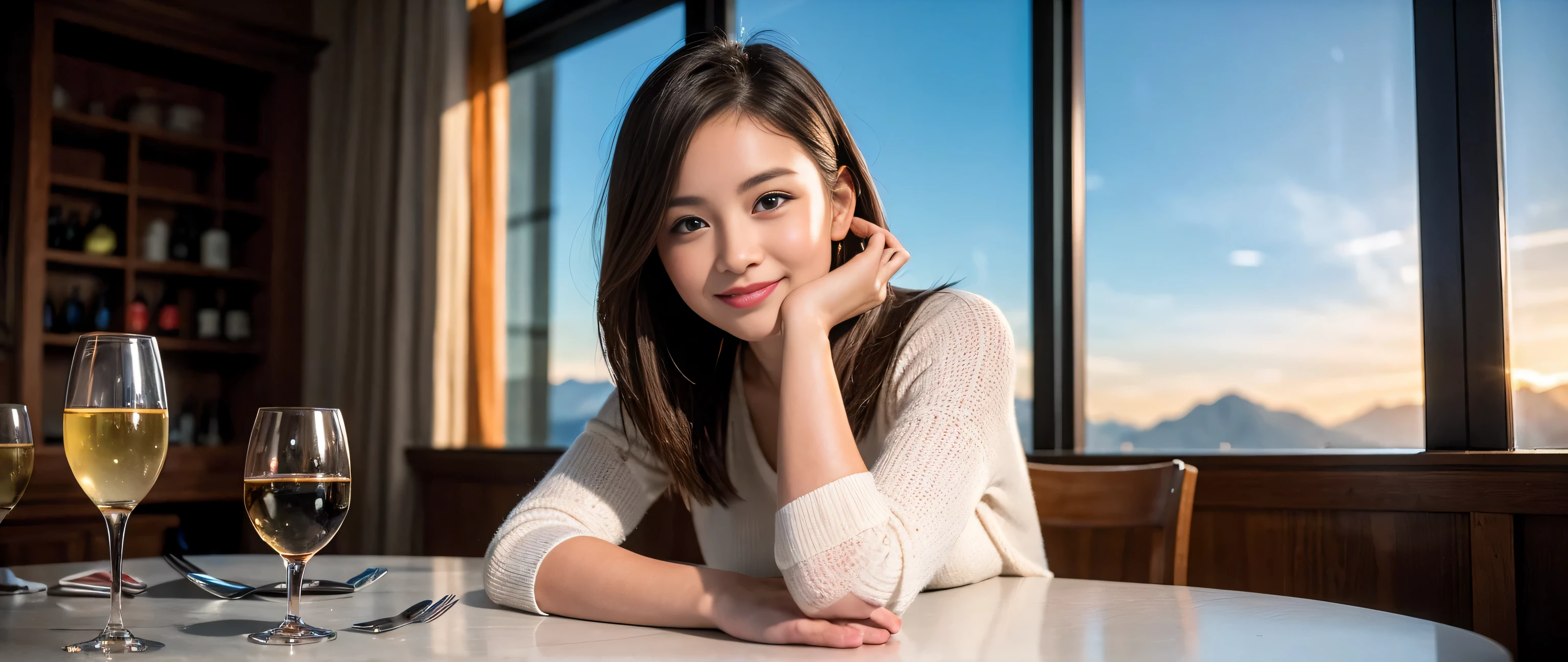 ((highest quality、8k、masterpiece:1.3))、Sharp focus:1.2、Beautiful woman perfect body:1.4、Slim body、((Bob Hale、Straight hair:1.2))、(to be born, highest quality, masterpiece:1.5), (Realistic, Intricate details:1.2), Ultra-high resolution, shine a light on your face、Spectacular view of the sunset sky and clouds、Amazing mountain views、A bright smile、wine glass、red wine 、Appetizer、Italian food、Wine bottle、Champagne、sparkling wine、, Beautiful Face, blue eyes, The light shines on your face, Blushing, short hair,Bright Face、Fox face、 (42 years old), 40 years old, Lady、Two beauties、Brown Hair、Shortcuts、Long sleeve shirt、dress、Pretty Woman 1, (slim face), (The body is slim), (Brown Hair), (Shortcuts), cheeks turn a little red,Attractive beauty、, Out of the window, A beautiful and detailed night view unfolds.........., restaurant, In a prominent place (From the waist up) Nova Frog Style, actress, model, Upper Body, White wine, slim, wine glass, A wine glass placed in the middle, smile, (smile: 1.15), Beautiful fine grain, Depth f/2,saturation, High Contrast, Strong light and shadow,Moist Body:1.5、3D texture、Delicate eyes、Brown Hair、The hair is very shiny、