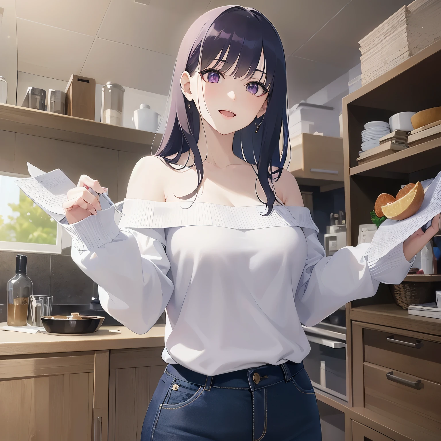 look back, smile, open mouth, Upper Body, Realistic, real person, (pale skin: 1.2), shiny skin, shiny hair、(A 30-year-old woman with straight hair and bangs) and (medium hair) and (black hair) and (purple eyes) , (white:1.5) and (Off-the-shoulder blouse) and (long sleeve)、Are standing、The background is the kitchen、Alone、