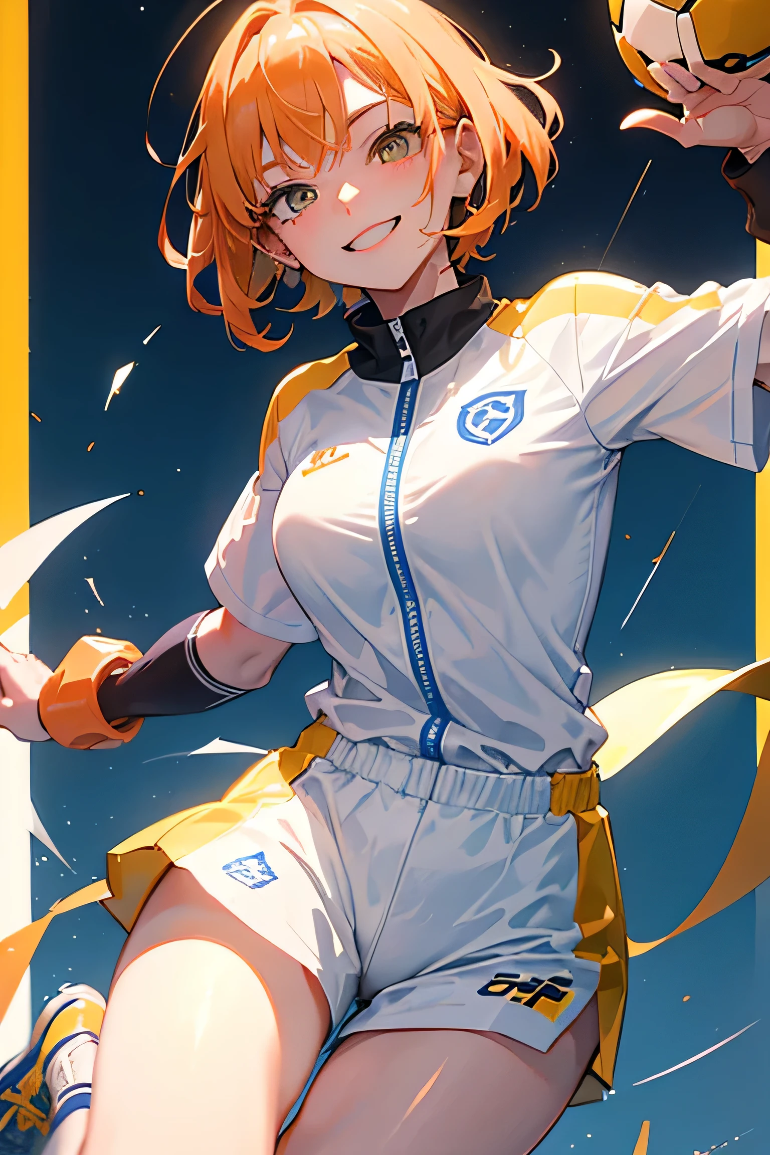 Cool yellow-eyed adult woman in a white sporty uniform、1 person、Mikage Reo style、Orange brown short hair、blue prison、Bold poses and expressions、A smug, smiling face and a condescending attitude、hologram、masterpiece、Superb、Hands open、soccer ball、Exposure is modest、cool、A little bit of cyber