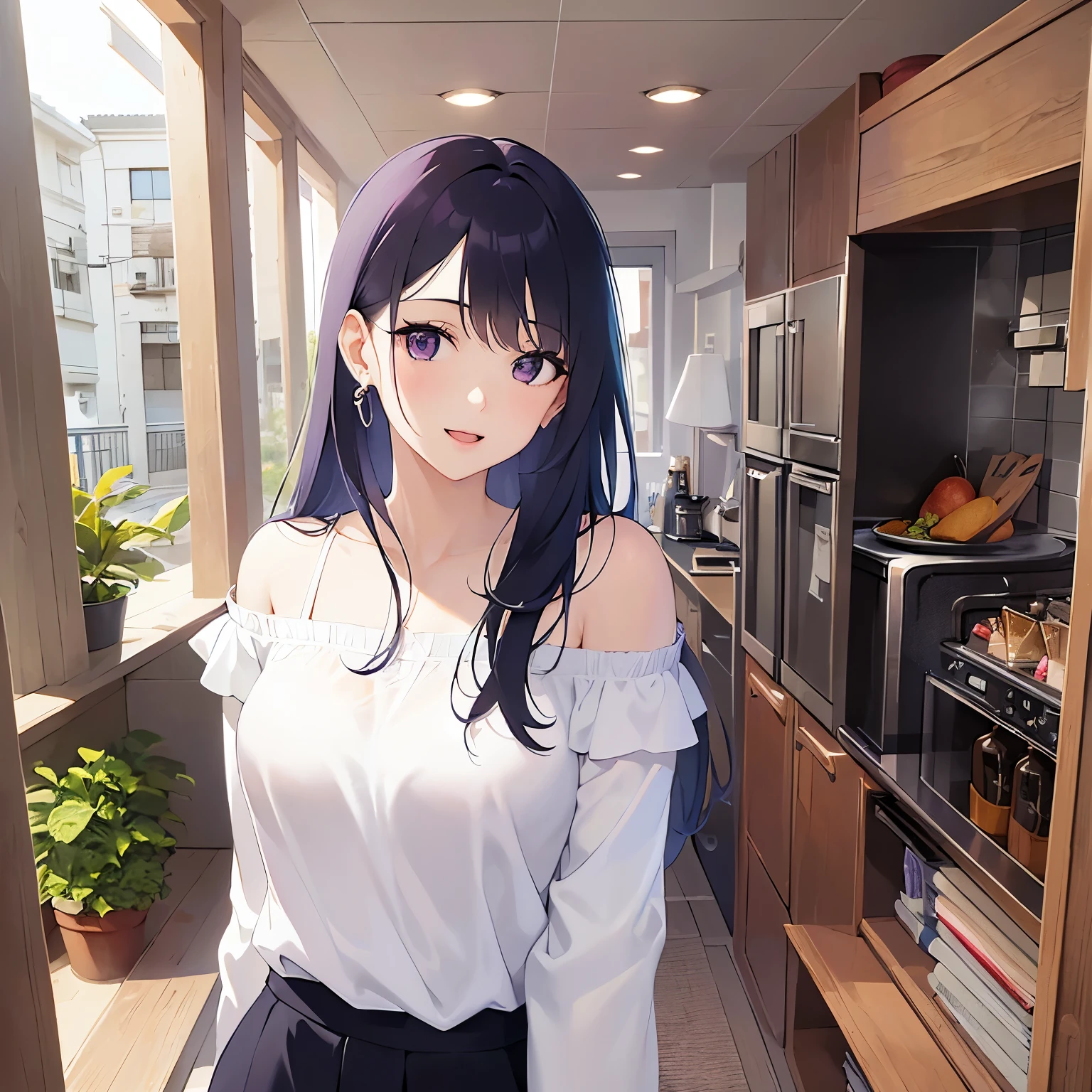 look back, smile, open mouth, Upper Body, Realistic, real person, (pale skin: 1.2), shiny skin, shiny hair、(A 30-year-old woman with straight hair and bangs) and (medium hair) and (black hair) and (purple eyes) , (white:1.5) and (Off-the-shoulder blouse) and (long sleeve)、Are standing、The background is the kitchen、Alone、