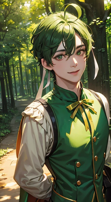 Green ahoge, olive color hairs, hair over shoulder, fairy, golden eyes, ribbon, eyeball, seductive smile, forest background, chiaroscuro, drop shadow, dithering, Fujicolor, Social realism, lens flare, three sided view, UHD, highres, anatomically correct