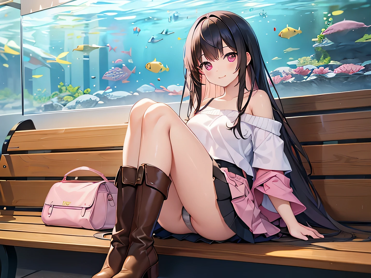 (Masterpiece, top quality, high resolution, realistic photo, realistic looking skin:1.1),
(Woman sitting on bench at aquarium:1.5), 
(She has a smiling expression: 1.5),
(Her skirt is so short you can almost see her panties),
(She is wearing a red off-the-shoulder long-sleeved knit: 1.8),
(She is wearing an off-white pleated mini-skirt: 1.8),
(She is wearing long brown boots: 1.8),
(Her panties are pink simple cotton: 1.8),
(She has long black hair: 1.8),
(The location is a bench at the aquarium:1.5),
1 Japanese girl, solo, full bodied esbian, beautiful eyes, glowing eyes, glowing thighs, NSFW