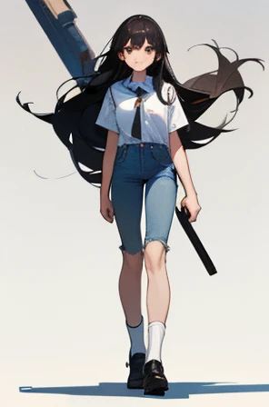 • a female student, 
-description: 
  >Long Black hair, 
  >Brown eyes, 
  >0,90 cm tall, 
  >10 years old, 
-wearing: 
  >white shirt, 
  >blue jeans,
  >black shoes and white socks.
-image background: 
  >school building, 
  >in the background,
