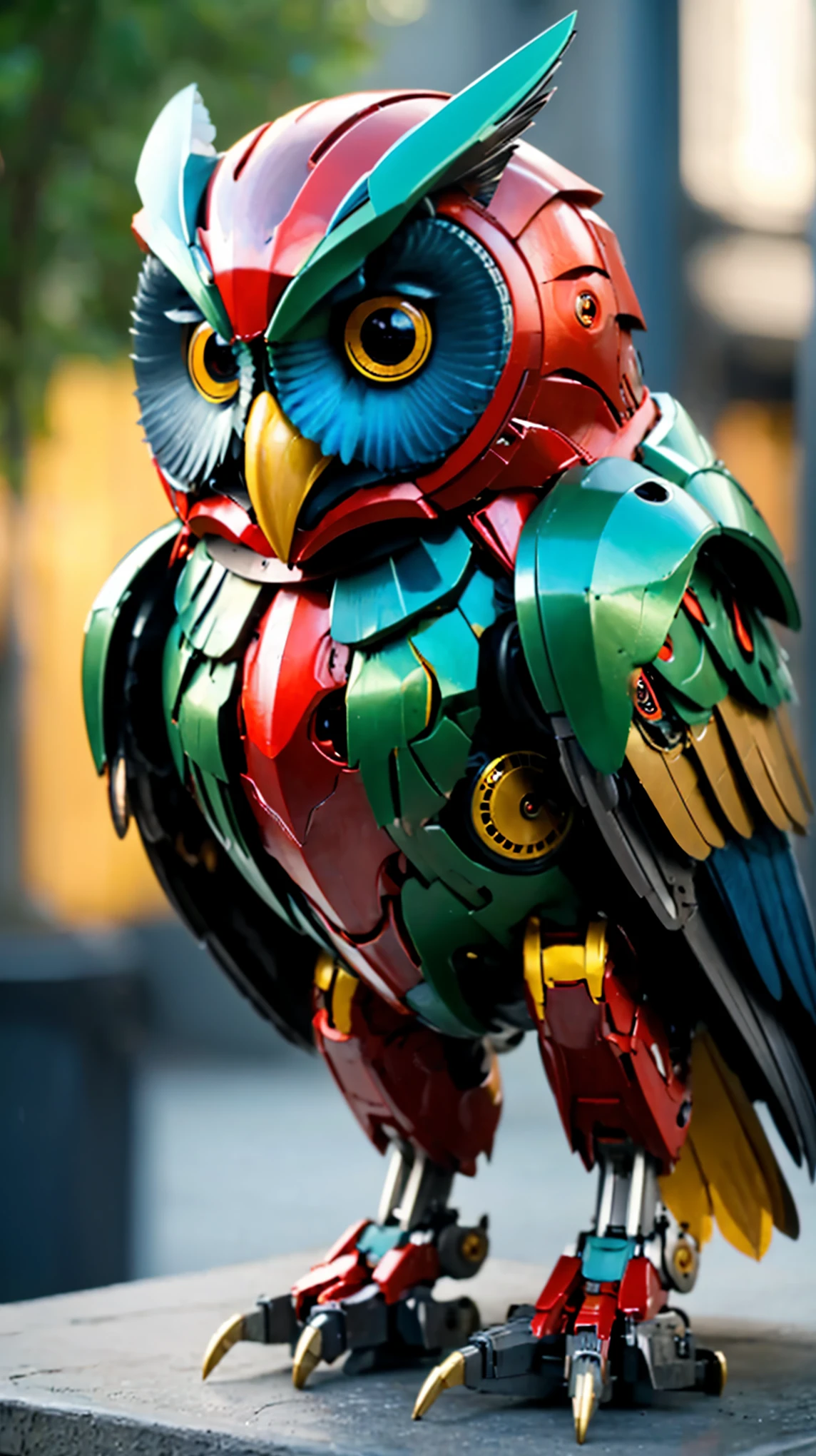 Owl with red body blue wings yellow beak green tail, symbolize wisdom and knowledge much like Google Pixel phones which are known for their focus on software integration and smart features, mechanical anatomy, mech, metal body, realistic, ultra-detailed, full body, depth of field, wide shot,Red mecha