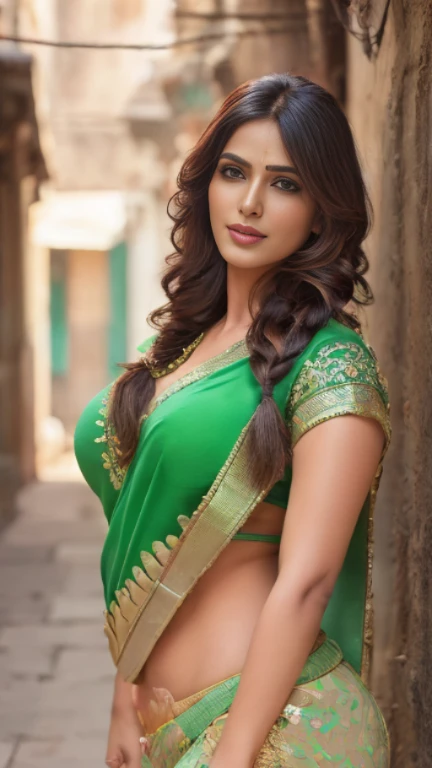 Beautiful young indian woman, wearing a sexy green blouse and saree, portrait, normal pose, palace, walled city, city alley, very beautiful, traditional, hindu aesthetic, erotic, detailed face, detailed body, oily skin, symmetric face, cute, big breasts, big belly, smily face, soft body, sweaty clothes, long braid hair, masterpiece, ultra realistic, detailed background, high resolution, god rays, Ray tracing, ambient lighting, ambient occlusion, depth of field, post-processing, 8K