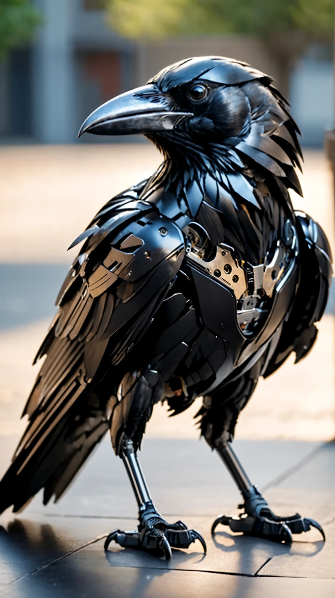 Full body of black raven mixed with samsung phone, mechanical anatomy, realistic, ultra-detailed, full body, depth of field, wide shot, full body, dynamic pose, long shot