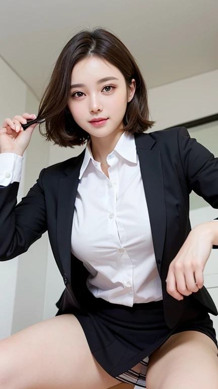 (1 female), fair, Stunning face and eyes, cosmetic, (Extremely delicate and beautiful face), Charming smile, (best quality:1.4), (Super detailed), (Extremely detailed CG unified 8k wallpaper), Very detailed, RAW photos, Professional photography, (Business suit, mini skirt:1.2), (Wide-cut business shirt), (Open your legs), (view from below:1.2)