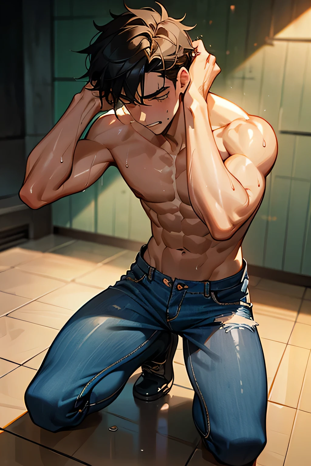 a shirtless 22-year old male wearing jeans and rubber shoes, cute, handsome face, six-pack abs, beautiful body, sweat-drenched, soaking wet, drenched with sweat, sweating profusely, soaking wet with sweat, panting, exhausted, gasping, kneeling on the floor, hands above the head
