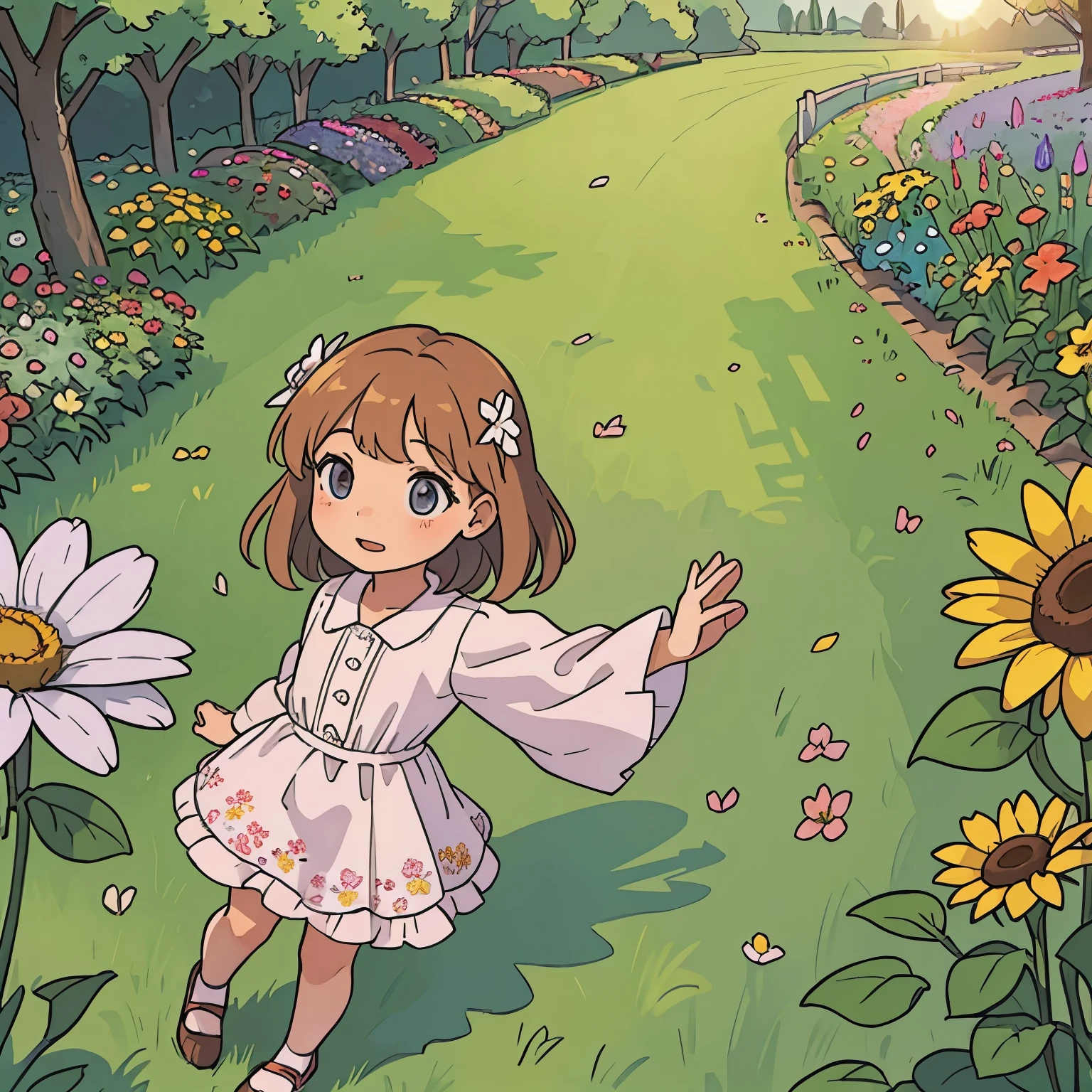 In the garden full of flowers, under the sun, Little girl in floral dress is dancing