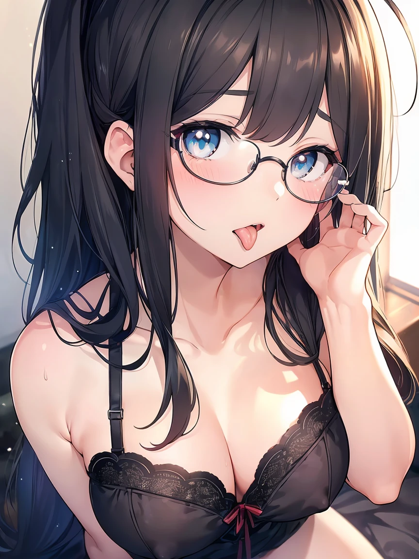 Ultra-detailed, highest quality, High resolution, Moe Anime, ((A cute girl with black hair and droopy eyes is wearing round glasses.)), Cute eyes, Detailed eye depiction, Sparkle in the eyes, View your viewers, Pale skin, (Big eyes:1.4), Laughter, Focus on the face, At the bed, Sitting, (Extreme close up of tongue), (((From above))), Open your mouth, (((Face only:1.3))), ((lingerie))