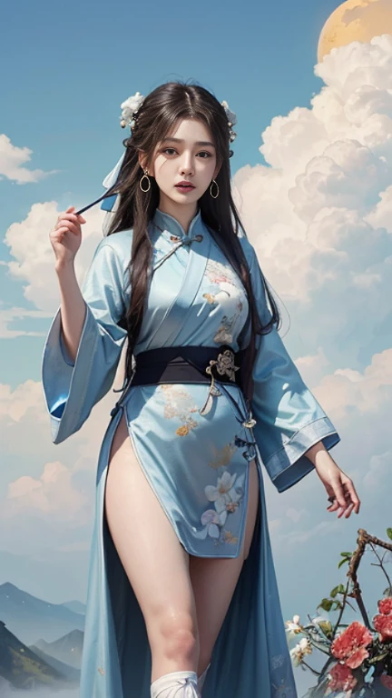 (masterpiece, highest quality, highest quality, Official Art, beauty:1.2),(最詳細清晰的Contour和五官:2.0,Contour:2.0) (1 Chinese Goddess:1.5), Very detailed,(Dunhuang艺术:1.1),(Dunhuang,Rich and colorful:1.1)(Flowers:1.3),Most detailed,(Tangled:1.2), (Dynamic Flight Attitude,Walking on white clouds,Show off your thighs:1.5), (blue sky, White clouds and bright moon background:1.3), (Chinese Embroidered Hanfu:1.2), (Shiny skin,Pussy:1.2), (Many colors:1.4), ,(Earrings:1.4),