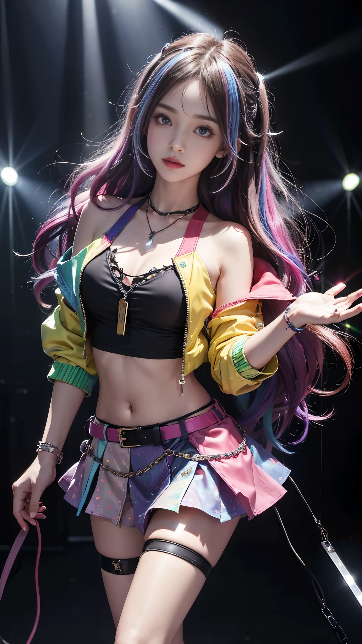8K, ultra hd, masterpiece, hd colors, 1 girl, perfect face, very long curly hair, detailed eyes, rockstar outfit, ((rainbow jacket)), ((visible chest)), short mini skirt, belt:1.5, stocking, ((criss-cross strips)), ((wearing chain)), stars, bare shoulder, bare stomach, jwellery, Realistic club, lighting stage, (spot light:1.5), night club, decorated stage, bulbs, (colorful light:1.5), bloom lighting, foggy effect, front body pose,