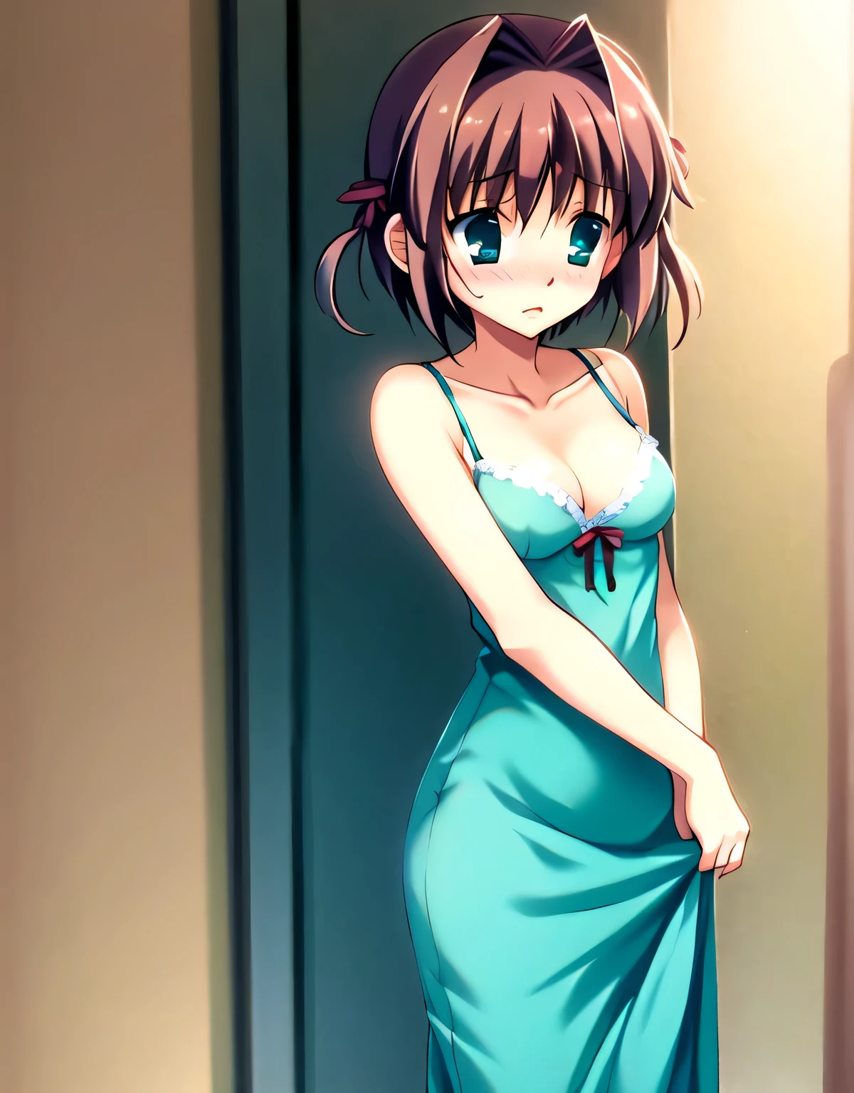 asakura_yume,Brown Hair,Medium Chest,Aqua Eye,White skin,(((,１Man Middle Aged Man))),((Hotel Rooms)),((Are standing)),((Shyly)),(,Frightened)),((sorrow)),((breast enhancement)),(((Navy blue_Camisole long dress_Knee-length))),((valley)),No bra,(((Yume Asakura and a middle-aged man are in the room.))),