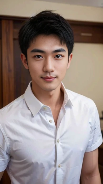 (((male))), 29 years old, Japanese, HD, True-to-life imagery, Upper body composition, The face is illuminated, Black short straight hair, Sharp eyebrows, Squinting,With a hint of cunning, Pointed nose, Thin lips smile, Wear a smart casual button-down shirt,Roll up your sleeves, A watch that reflects attention to detail, Underdeveloped but healthy muscles, Background is a modern office environment,
