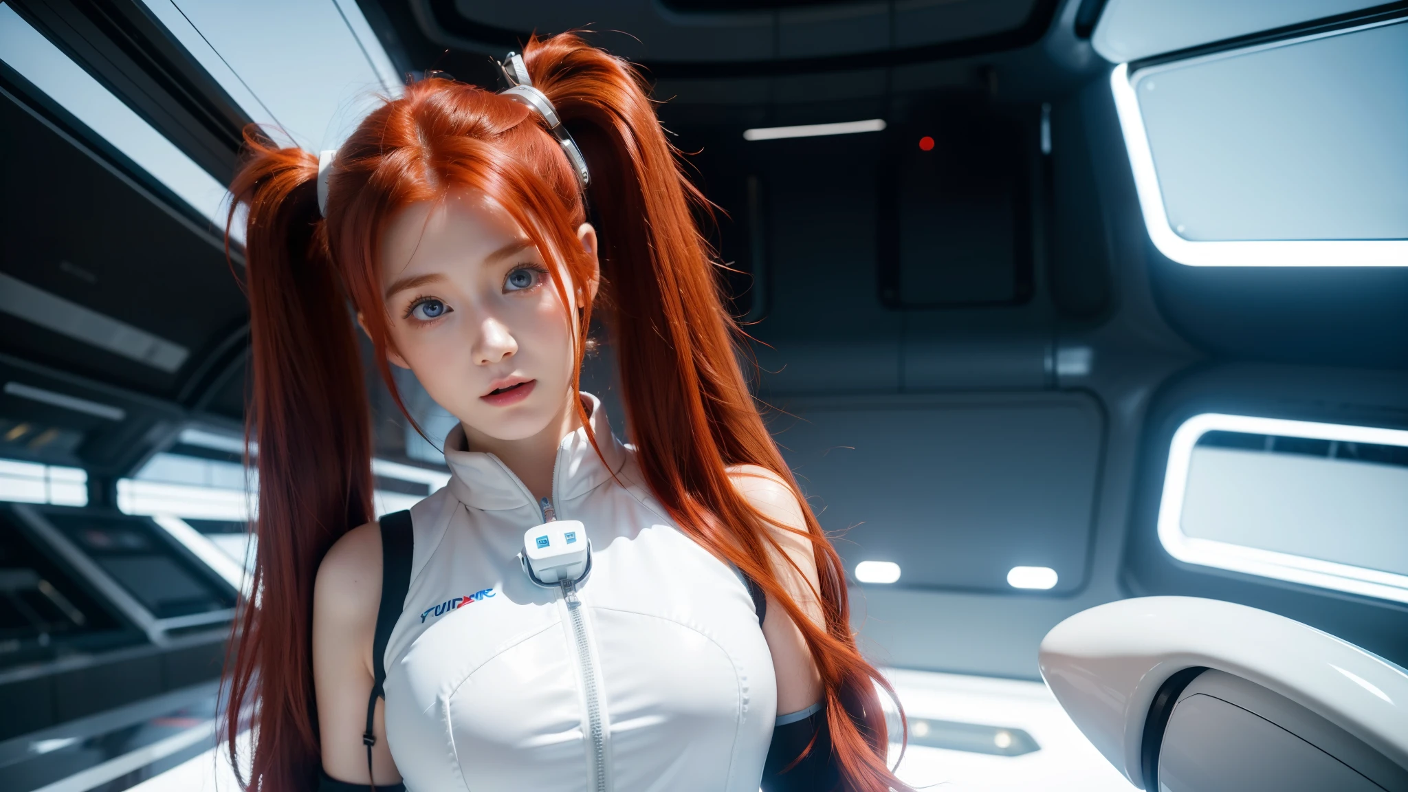 Best Quality, Masterpiece, 8k, RAW (overhead view), ((Cute redhead:1.2)), ribbons in her hair, -yeld wo, happy teenager, excited expression, in twin tails, perfect eyes, clear sparkling blue eyes, pale skin, silky smooth skin, porcelain white skin, wearing futuristic suit vest, standing next to a spaceship, future cyberpunk city buildings background