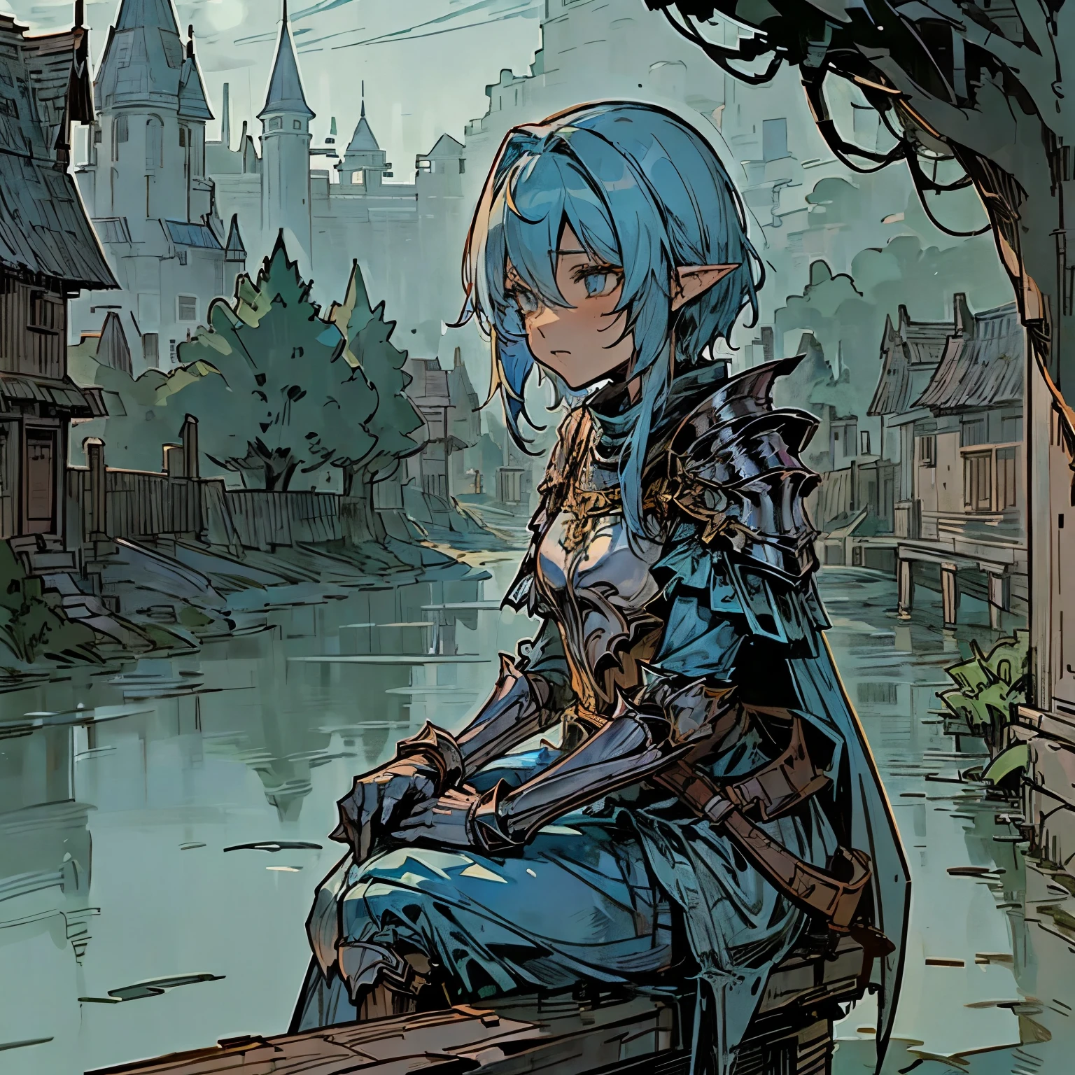 (Background: Town street, river) in the distance, sitting by a river on a bridge, Cleddyf the elf knight,Strong Female elf knight, wearing knight armor, kuudere, short light blue hair, short, neutral smile[realistic anime, detailed face, attention to face], dark fantasy, medieval fantasy