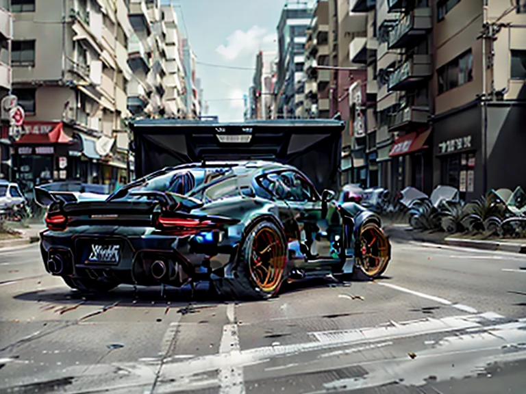 (Ultra-realistic quality)、Ultra-fine paint、Masseter film,8k wallpaper,nffsw,Ultra-high image quality,Light and shadow effects 、((Dark grey Cayman GT4 RS 1car)), ・Gran Trismo logo on the windshield、The hood is wet carbon、Very low ride height、Forged Bronze Wheel、Slightly larger rear wheel、Lean forward slightly、Headlights with light smoked finish、The crossroads of Shibuya、City lights at night、All four wheels have slight negative camber、Wearing racing tires、Professional outdoor lighting、Model 981。