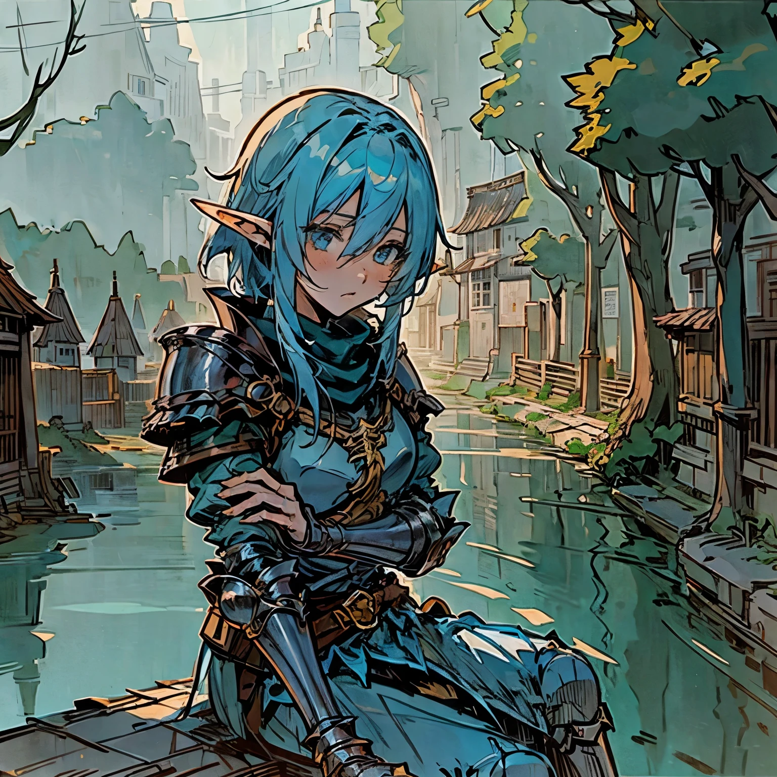 (Background: Town street, river) in the distance, sitting by a river on a bridge, Cleddyf the elf knight,Strong Female elf knight, wearing knight armor, kuudere, short light blue hair, short, neutral smile[realistic anime, detailed face, attention to face], dark fantasy, medieval fantasy