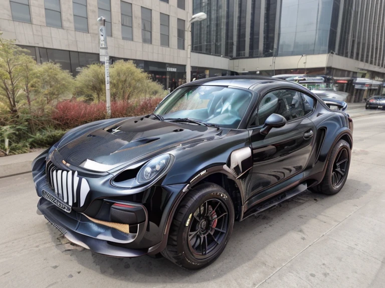 （Ultra-realistic quality）、Ultra-fine paint、Masseter film，8k wallpaper，nffsw，Ultra-high image quality，Light and shadow effects 、((Dark grey Cayman GT4 RS　1car)), ・Gran Trismo logo on the windshield、The hood is wet carbon、Very low ride height、Forged Bronze Wheel、Slightly larger rear wheel、Lean forward slightly、Headlights with light smoked finish、The crossroads of Shibuya、City lights at night、All four wheels have slight negative camber、Wearing racing tires、Professional outdoor lighting、Model 981