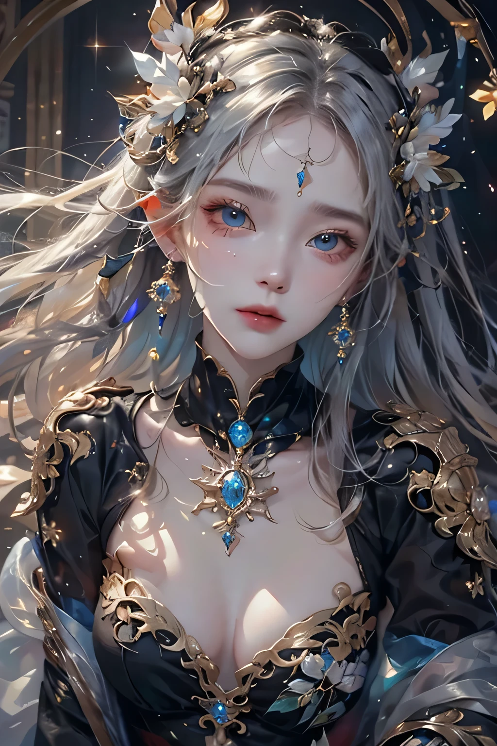 Night scene,stella,（White Hair Girl:1.5）,（（masterpiece））、（detailed：1.4）（Close-up）、angle from above、（Backlight）(A fantastic atmosphere、Ancient Capital、Fantastic beauty images,One Woman、White Dust、Light Danceysterious atmosphere、Suspended particles), (Black Dress、long dress with sleeves、Shoulders exposed、Off the shoulder)、（Gray hair that changes with light、Long, lustrous white hair、white hair fluttering in the wind、Beautiful bangs:1.3）、（Beautiful white and shining skin、Cheek gloss highlight、Sexy and very beautiful and adorable face、The most beautiful face in the world、Big, sparkling blue eyes）、（A cute 25 year old girl、Ample breasts、Great cleavage small waist、delicate shoulders、Perfect figure）