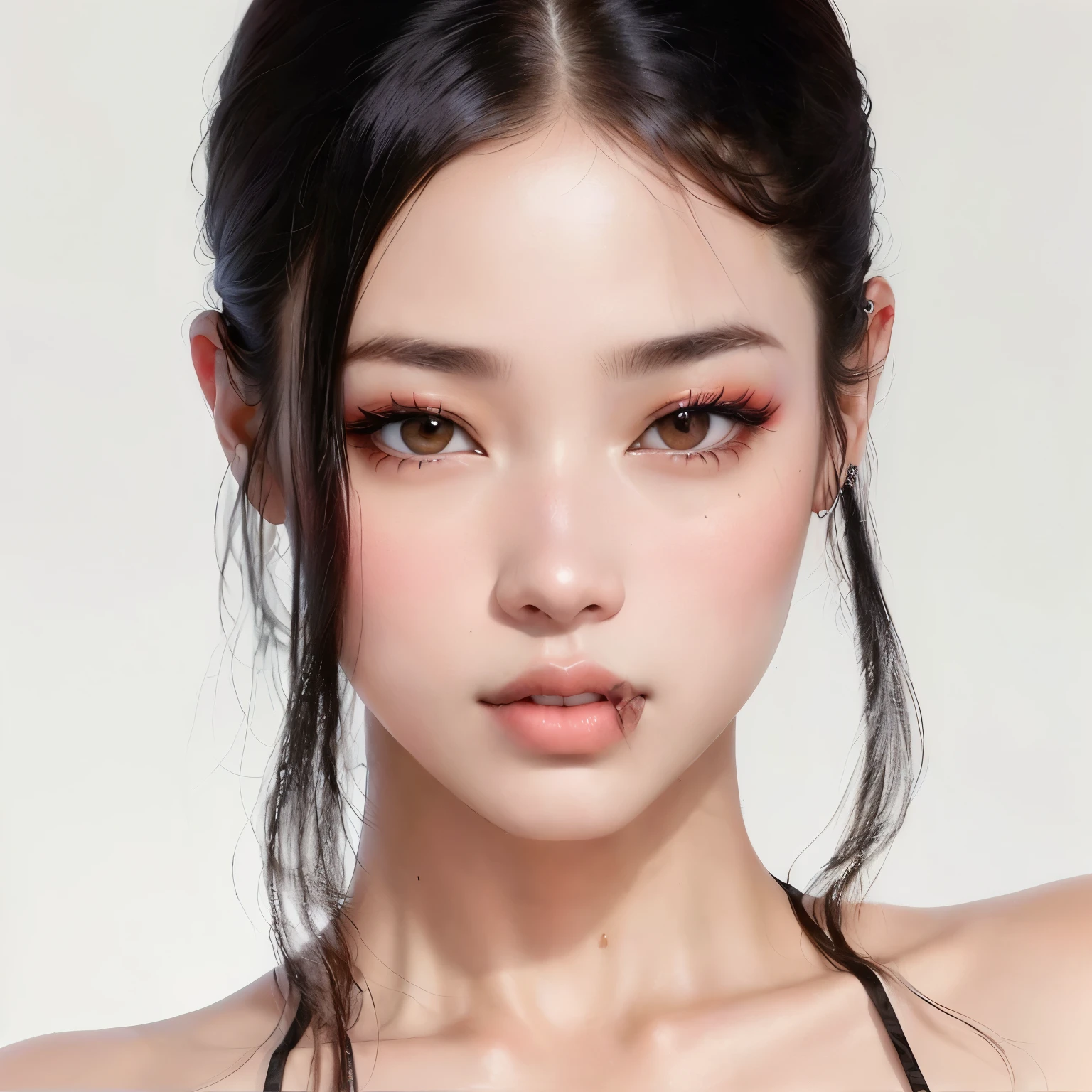 un primer plano de una mujer con un top blanco y pelo largo de color rojo, Karina del grupo aespa, Maquillaje popular de corea del sur, Jennie del grupo blackpink, piel blanco con dos lunares al rededor de los ojo izquierdo